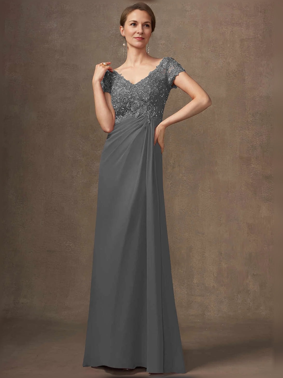 Ruched Draped V Neck A-Line Floor-Length Chiffon Mother of the Bride Dress for Hotel Wedding
