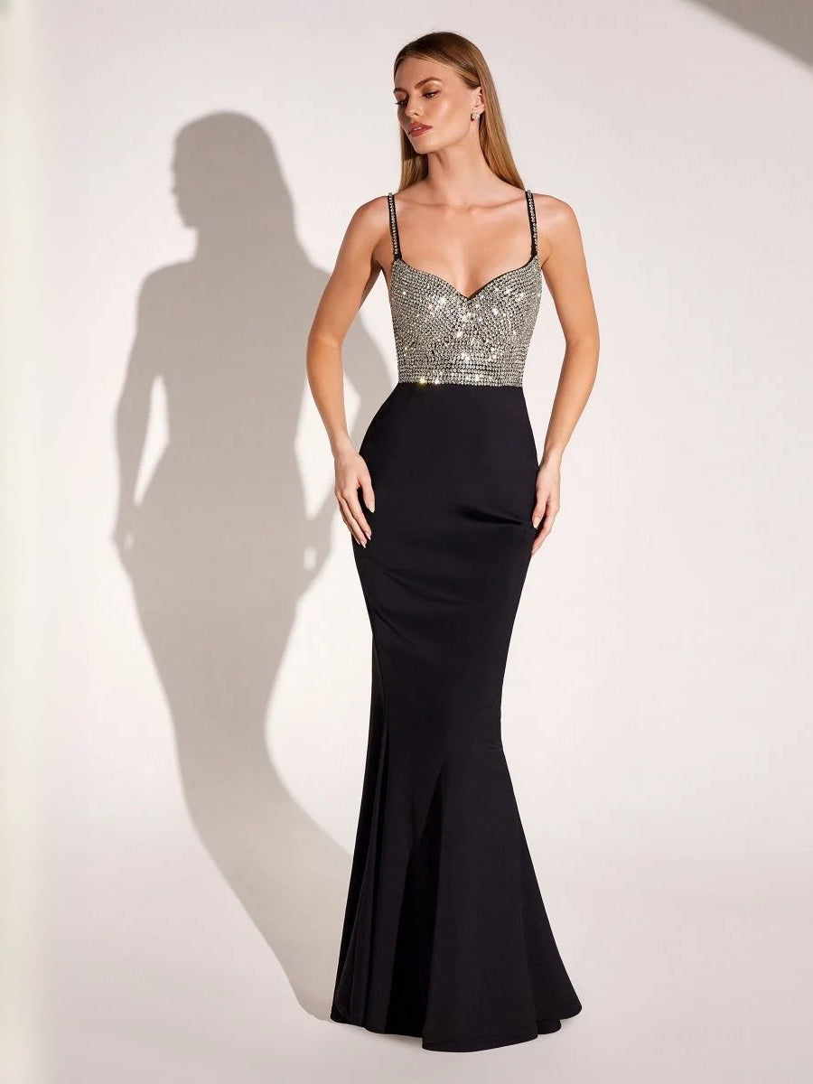 Beaded V Neck Mermaid Floor-Length Prom Dress for Prom Night