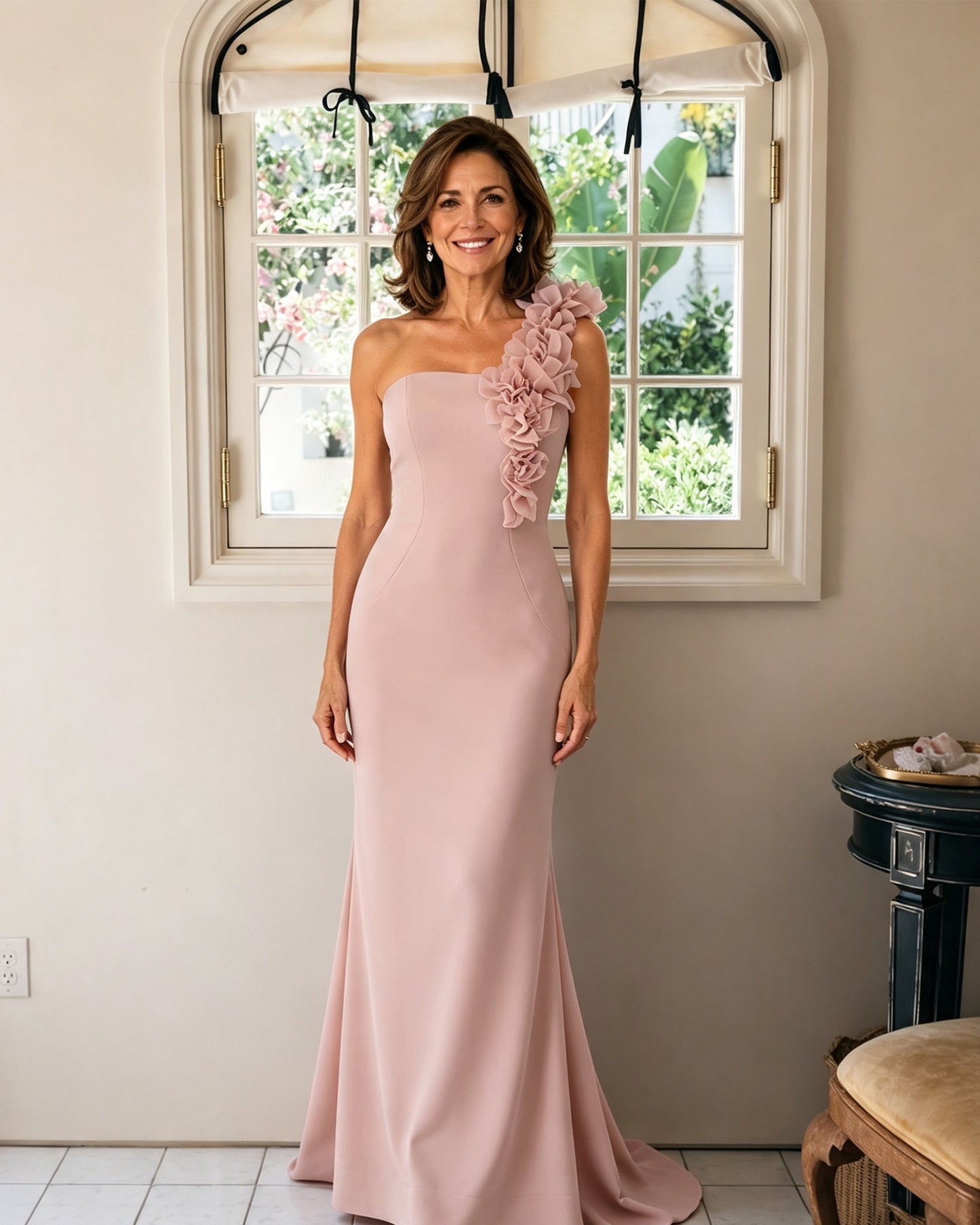 One-Shoulder Floral Applique Mermaid Mother of the Bride Dress