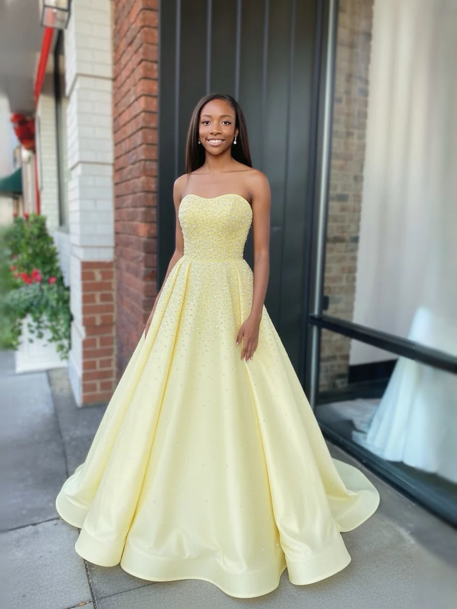 Beaded Glitter Sweetheart A-Line Maxi Satin Prom Dress for Awards Dinner