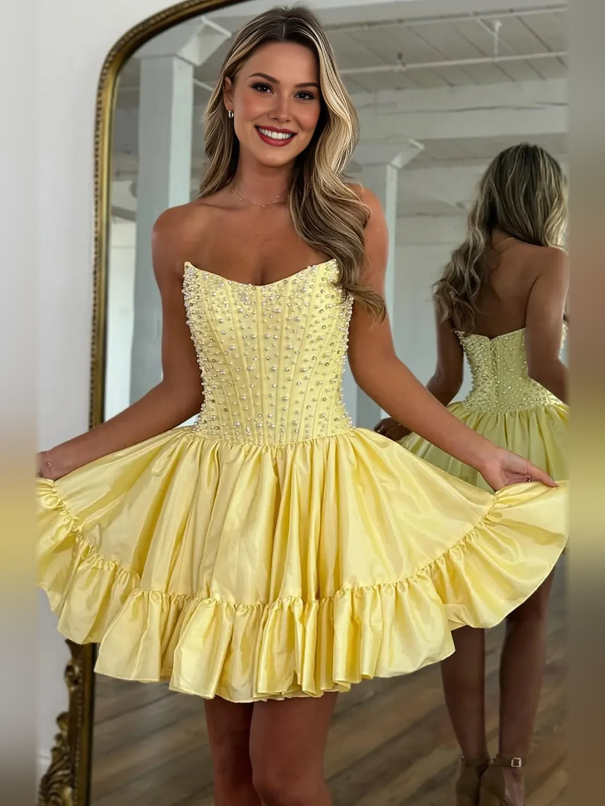 Corset Ruffled Sweetheart A-Line Mini Satin Homecoming Dress for Museum Gala
