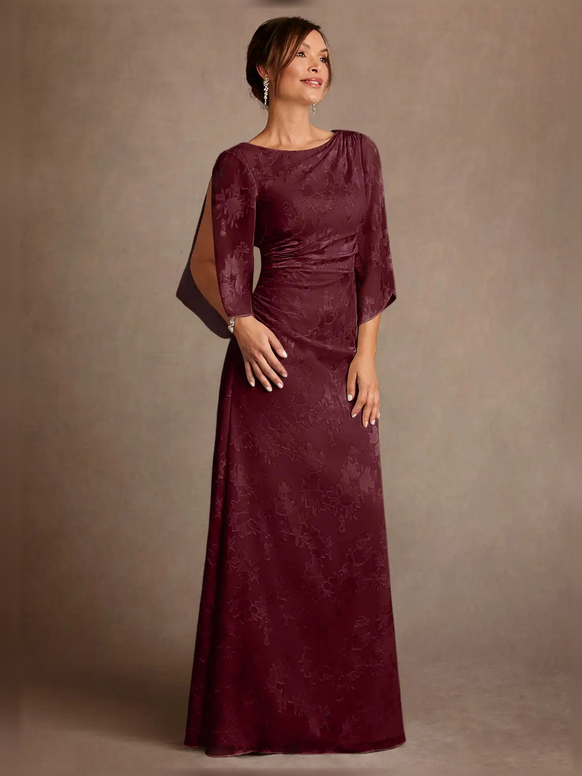Ruched Draped Floral Bateau Neck Column Floor-Length Mother of the Bride Dress for Wedding Dinner