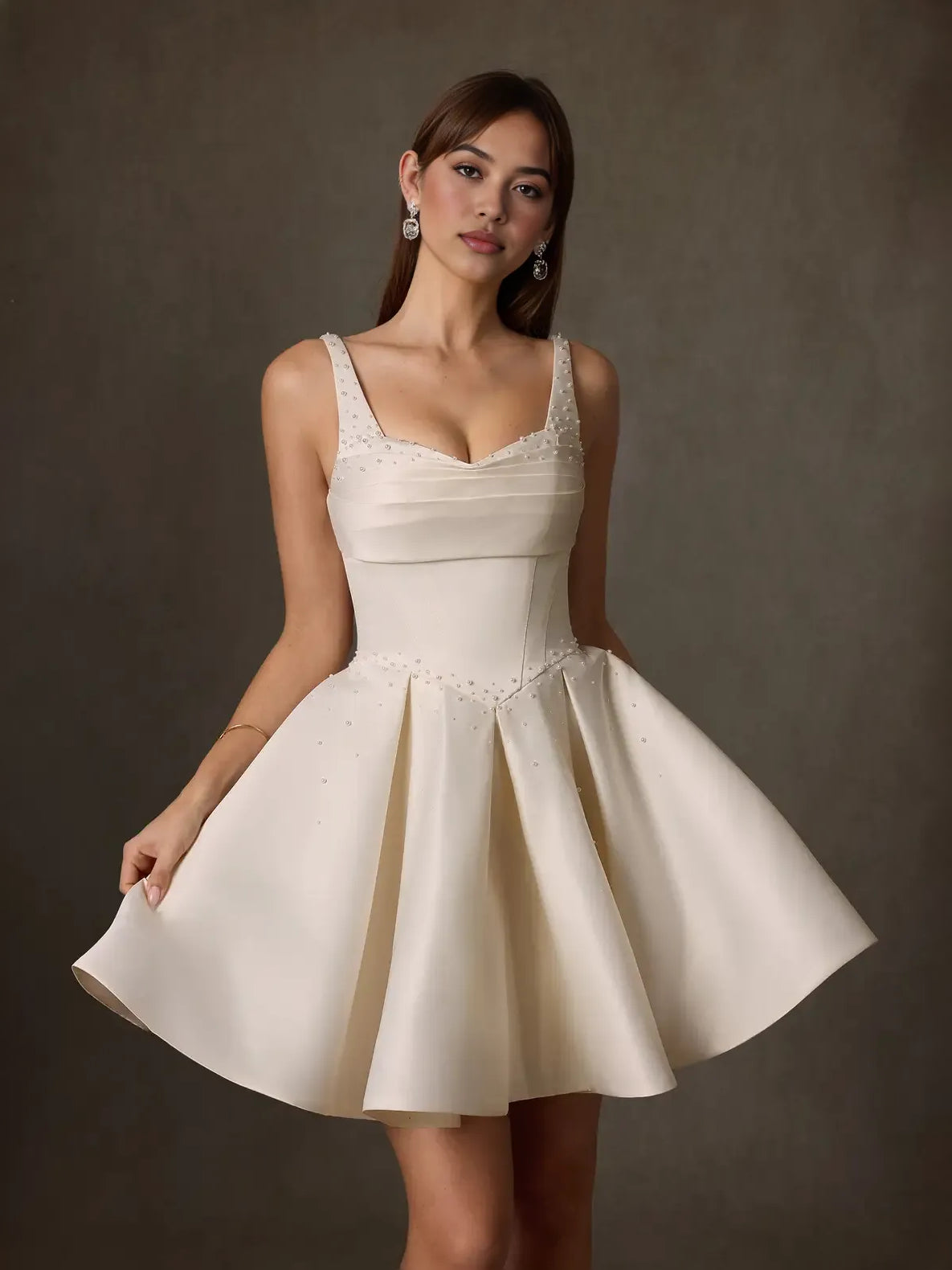 Ruched Pleated Sweetheart A-Line Mini Satin Wedding Dress for Destination Wedding