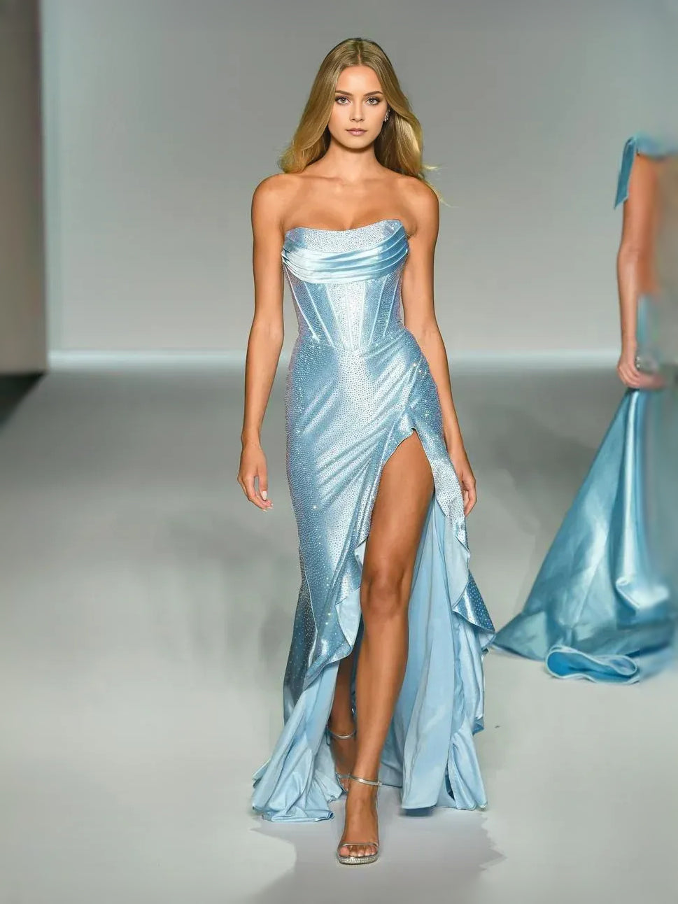 Corset Ruffled Slit Strapless Mermaid Maxi Satin Prom Dress for Formal Party