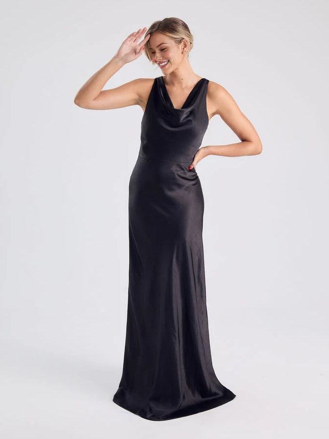 Cowl Neck Sheath Floor-Length Satin Bridesmaid Dress for Destination Wedding