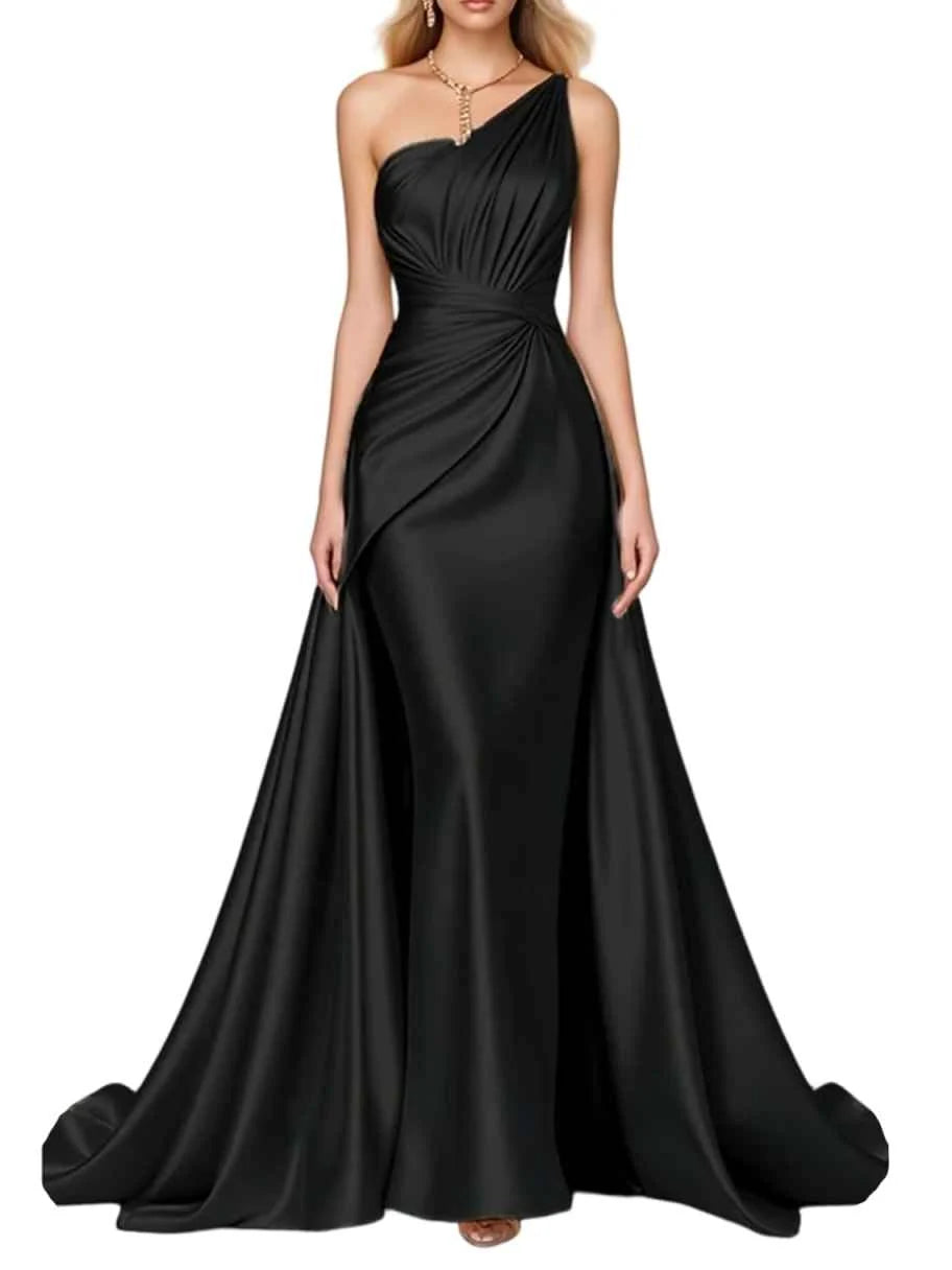 One-Shoulder Draped Overlay-Train Satin Mermaid Formal Dress