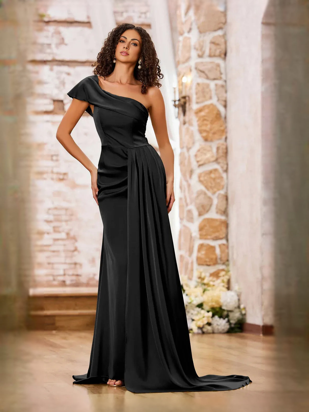 Draped Asymmetrical Neck Mermaid Floor-Length Satin Prom Dress for Special Occasion