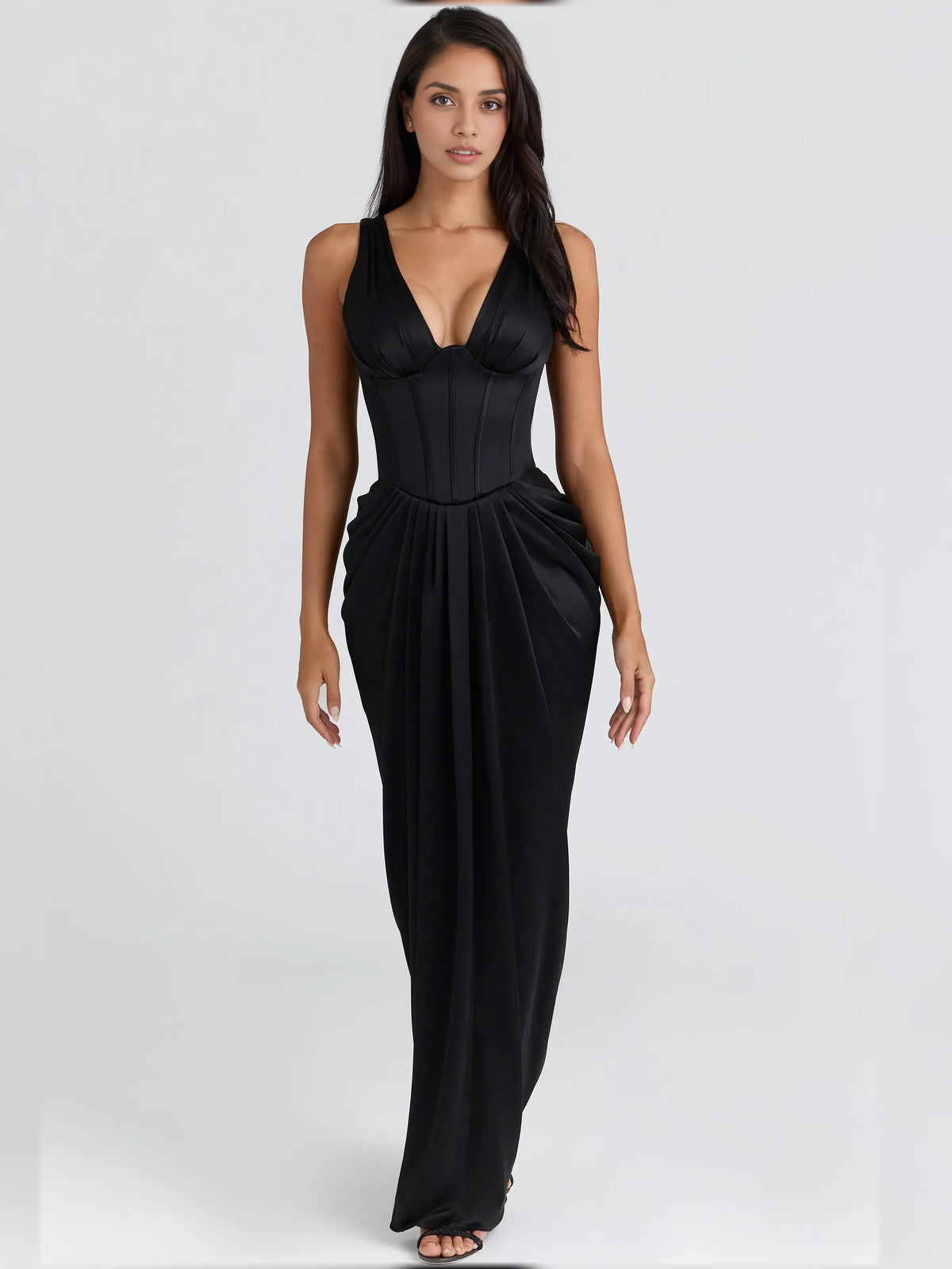 V Neck Corset Pleats Floor-Length Formal Dress