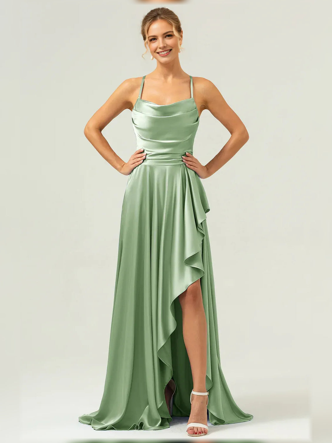 Cowl Neck Ruffles Slit Floor-Length Graceful Formal Dress