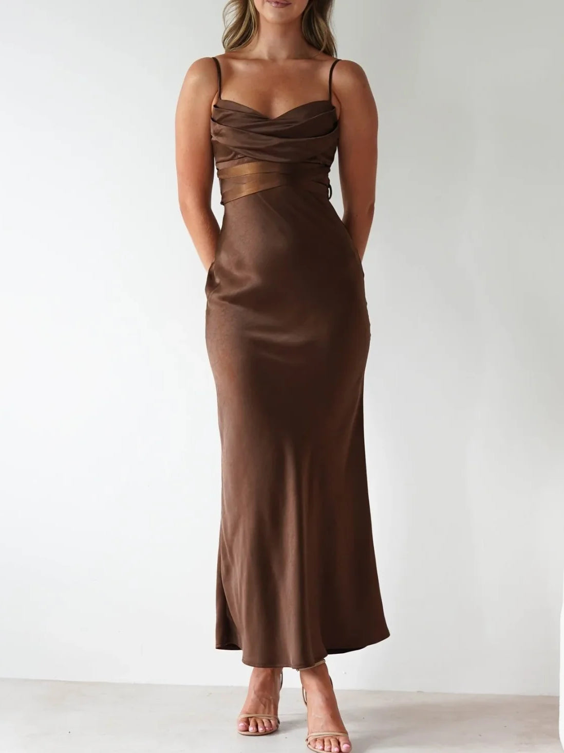 V Neck Mermaid Ankle-Length Satin Bridesmaid Dress for Formal Wedding