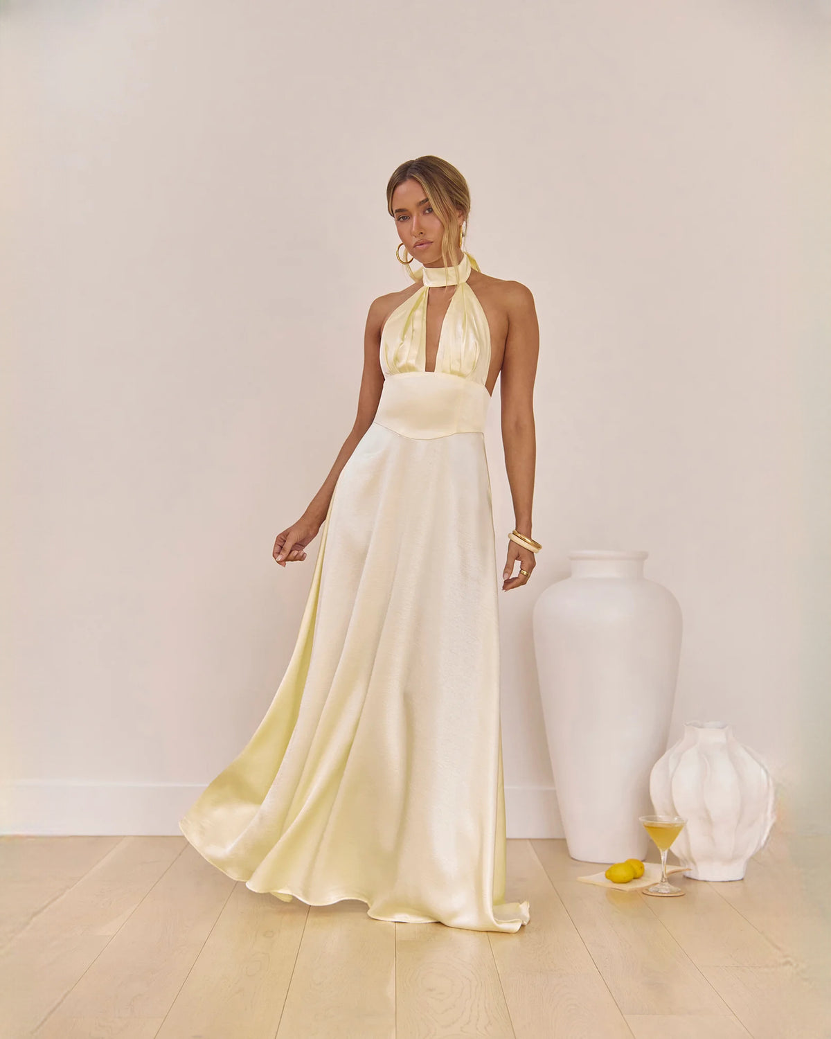 Halter Neck Satin A-Line Maxi Bridesmaid Dress for Bridal Luncheon