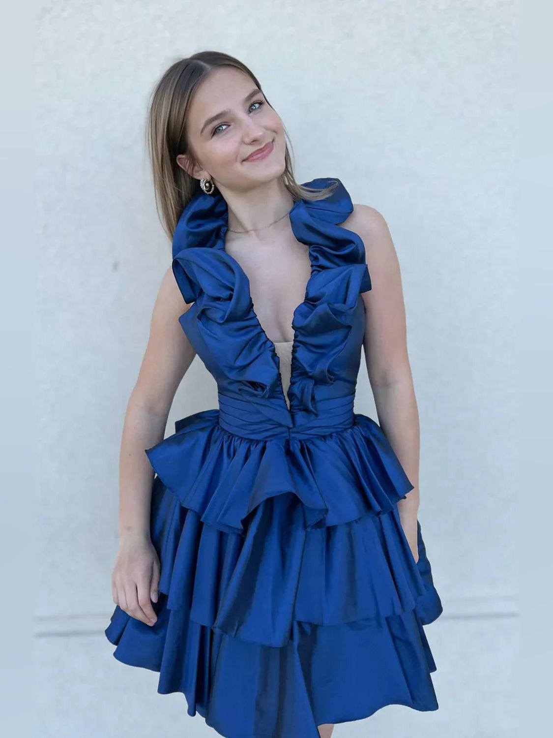 Tiered Ruffled V Neck A-Line Mini Satin Homecoming Dress for Special Celebration