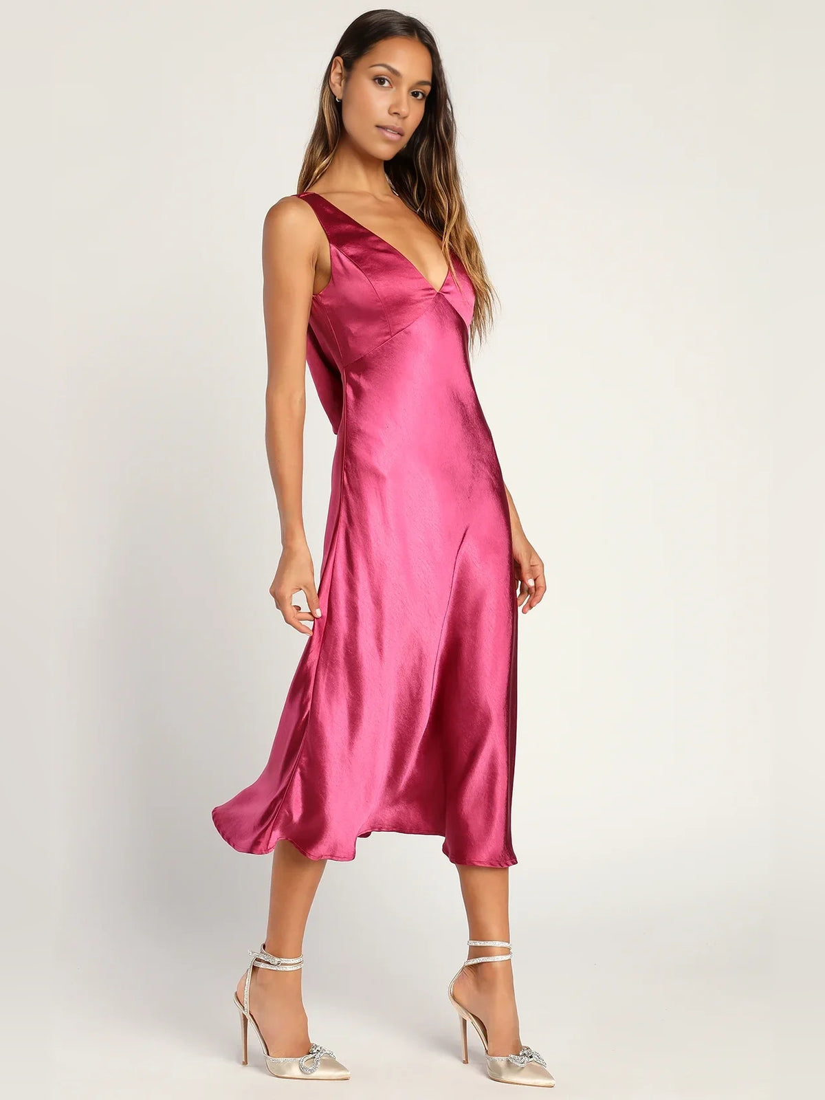 Draped Layered V Neck A-Line Midi Satin Homecoming Dress for Evening Wedding