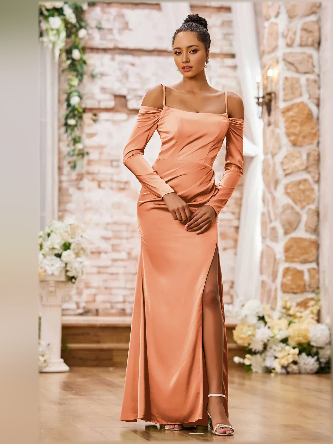 Off-The-Shoulder Long Sleeves Ruching Floor-Length Formal Dress