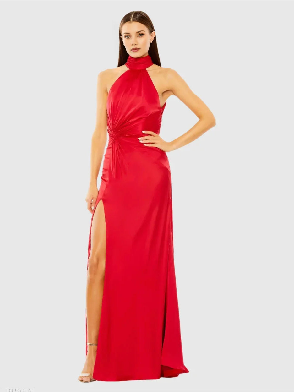 Ruched Side-Slit Slit Halter Neck Sheath Floor-Length Satin Prom Dress for Spring Formal