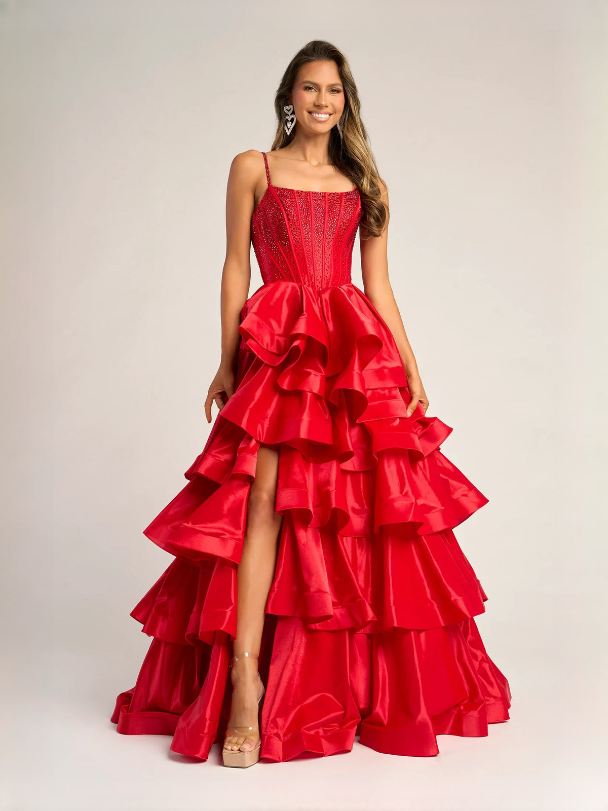 Corset Tiered Ruffled Slit Square Neck Ball-Gown Floor-Length Satin Prom Dress for Ballroom Event