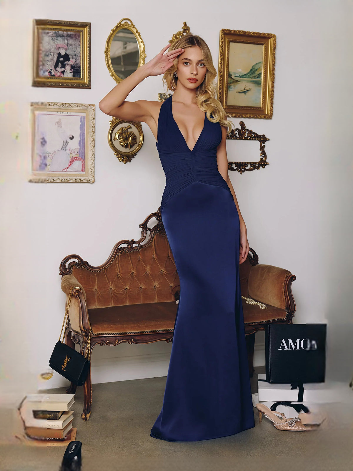 Ruched V Neck Mermaid Floor-Length Satin Prom Dress for Gala