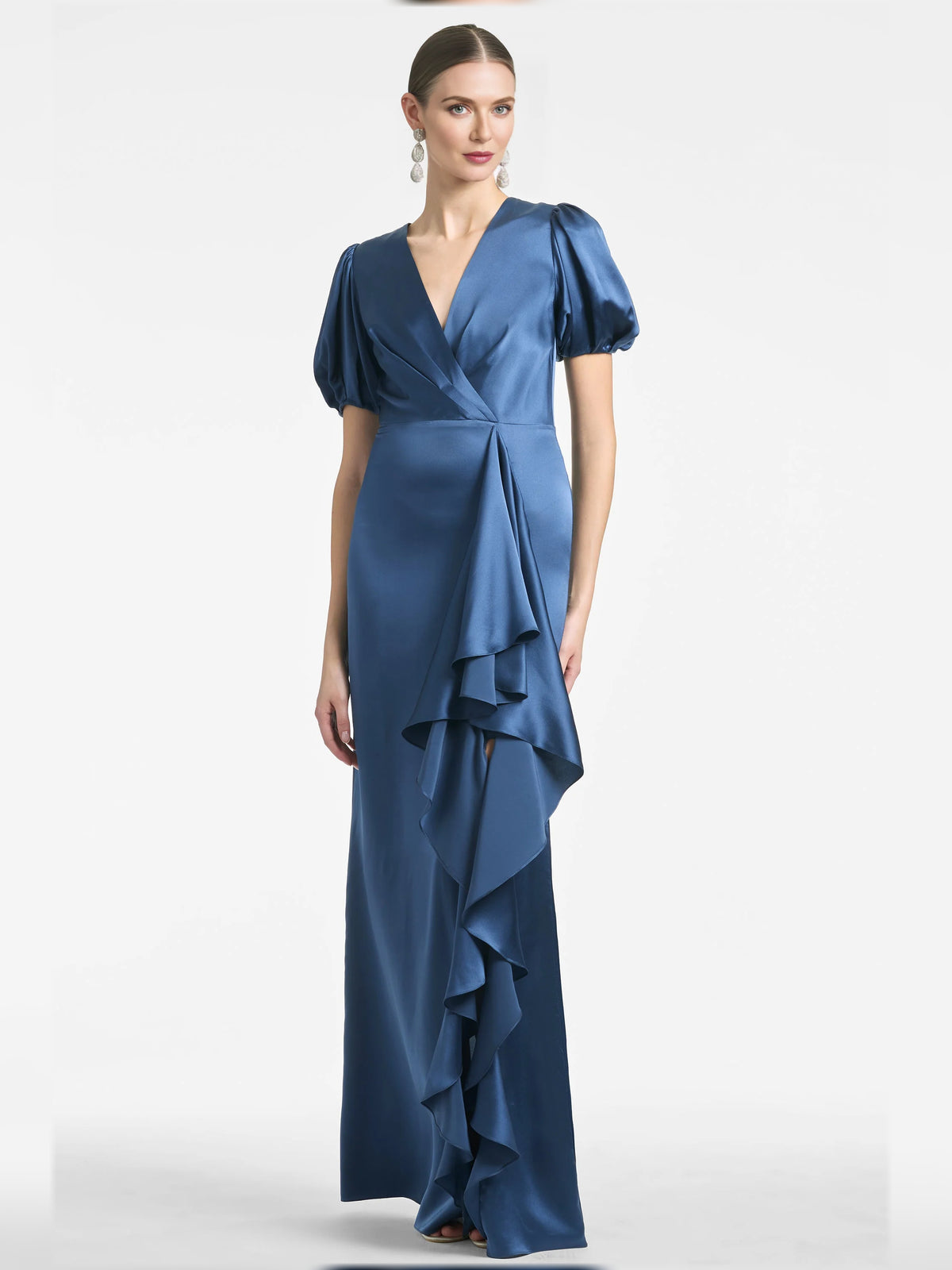 V Neck Puff Sleeves Ruffles Maxi Formal Dress