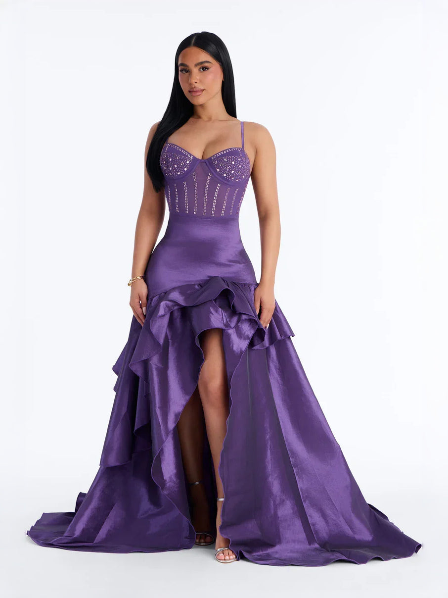 Draped Corset Ruffled Slit Sweetheart Mermaid High-Low Satin Prom Dress for Hotel Gala