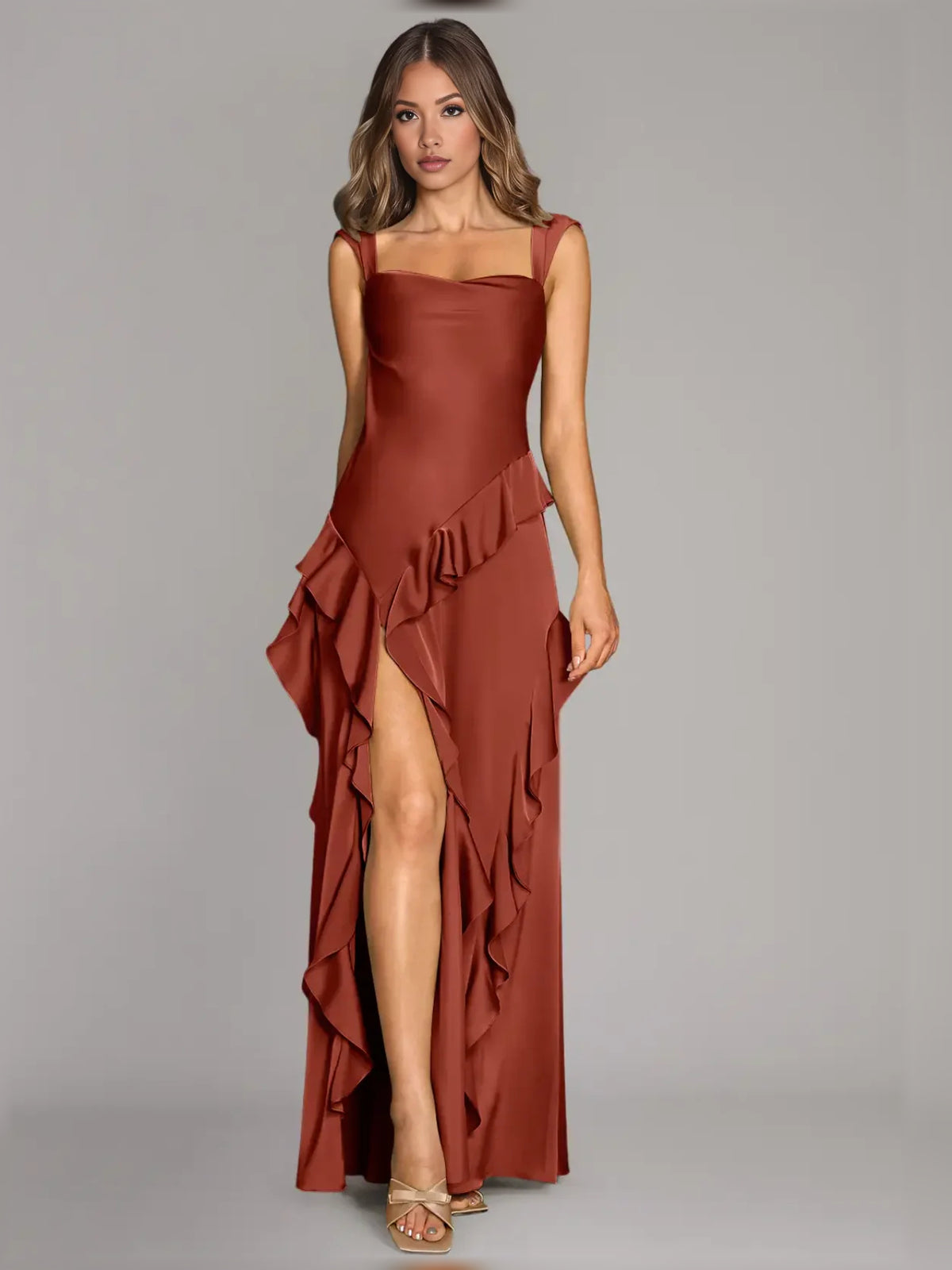 Ruffled Square Neck A-Line Maxi Stretch Satin Bridesmaid Dress for Church Wedding