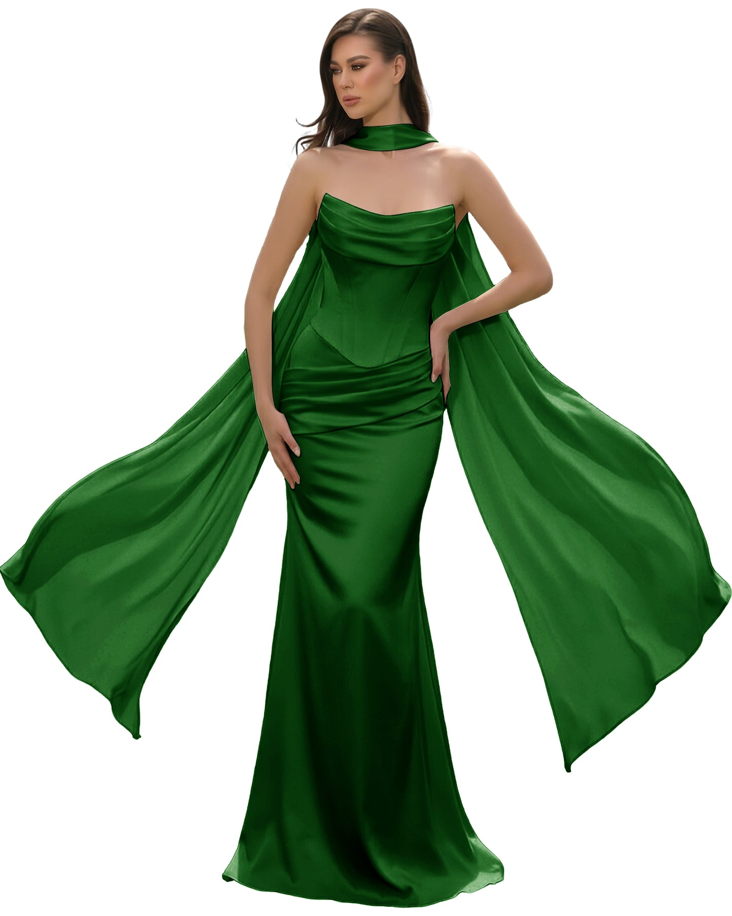 Satin Corset Mermaid Bridesmaid Dress with Cowl Neck and Dramatic Scarf