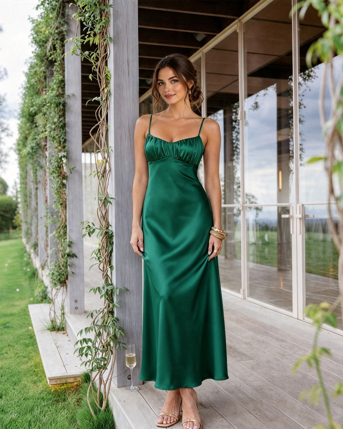 Spaghetti Strap Ruched Bust Satin Bridesmaid Dress with Tie-Back