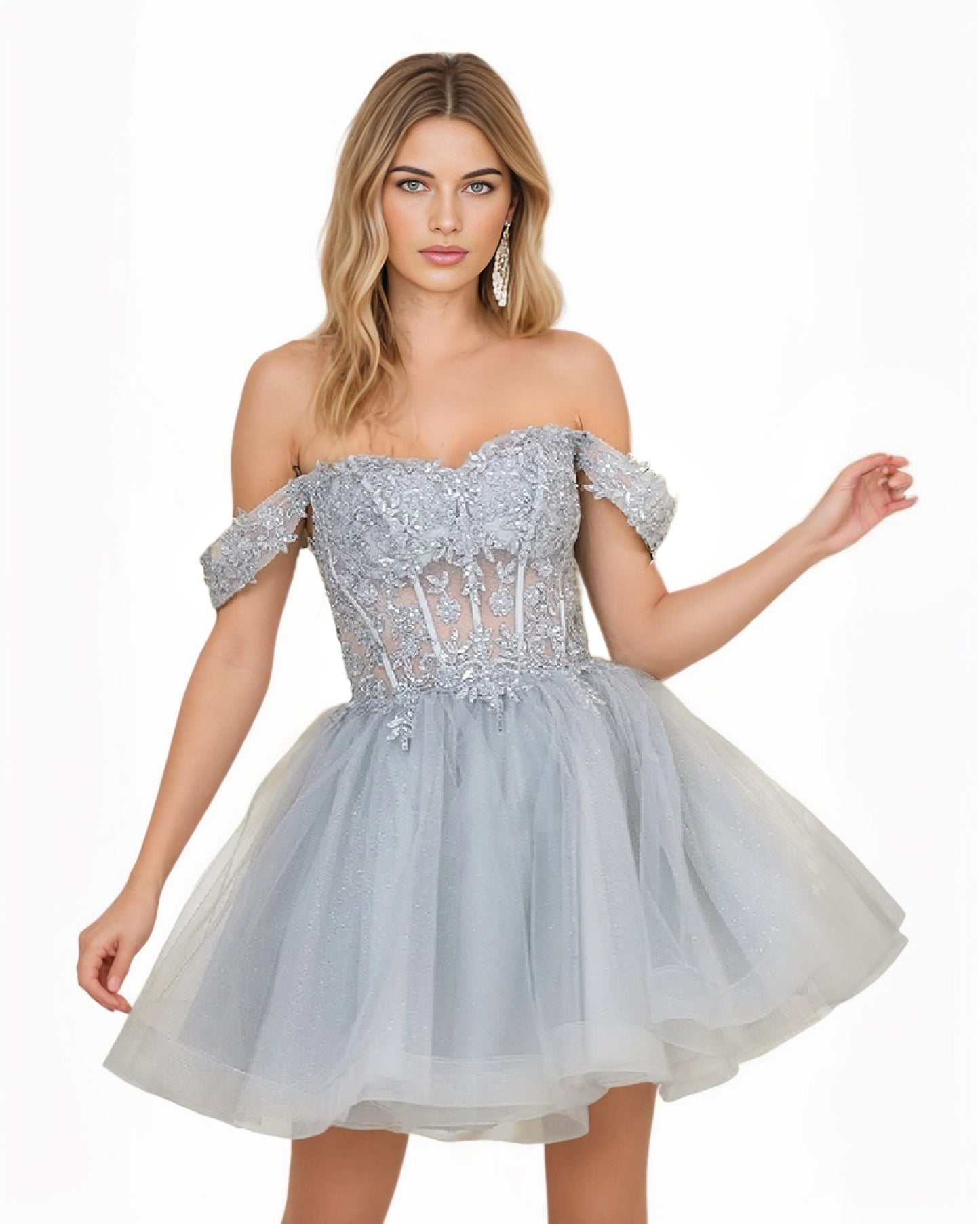 Off The Shoulder Sequin Corset Tulle Mini Homecoming Dress