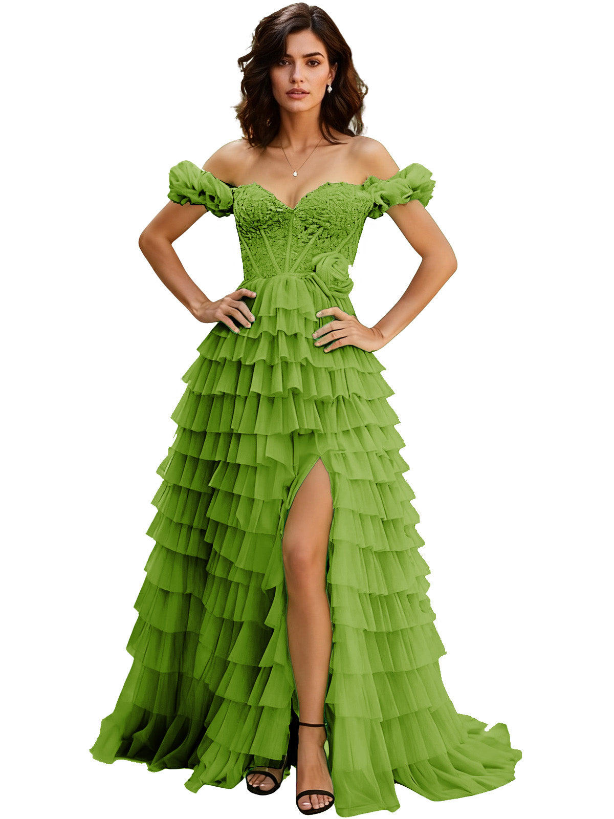 Off Shoulder Tulle Ball Gown Prom Dress with Ruffle Sleeves and Slit