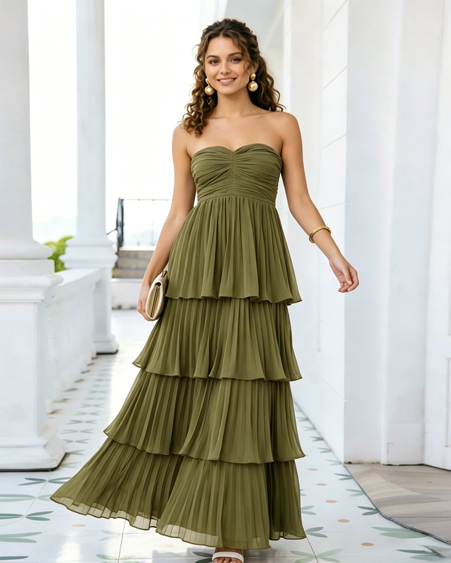 Strapless Tiered Pleated Formal Dress with Ruffle dress
