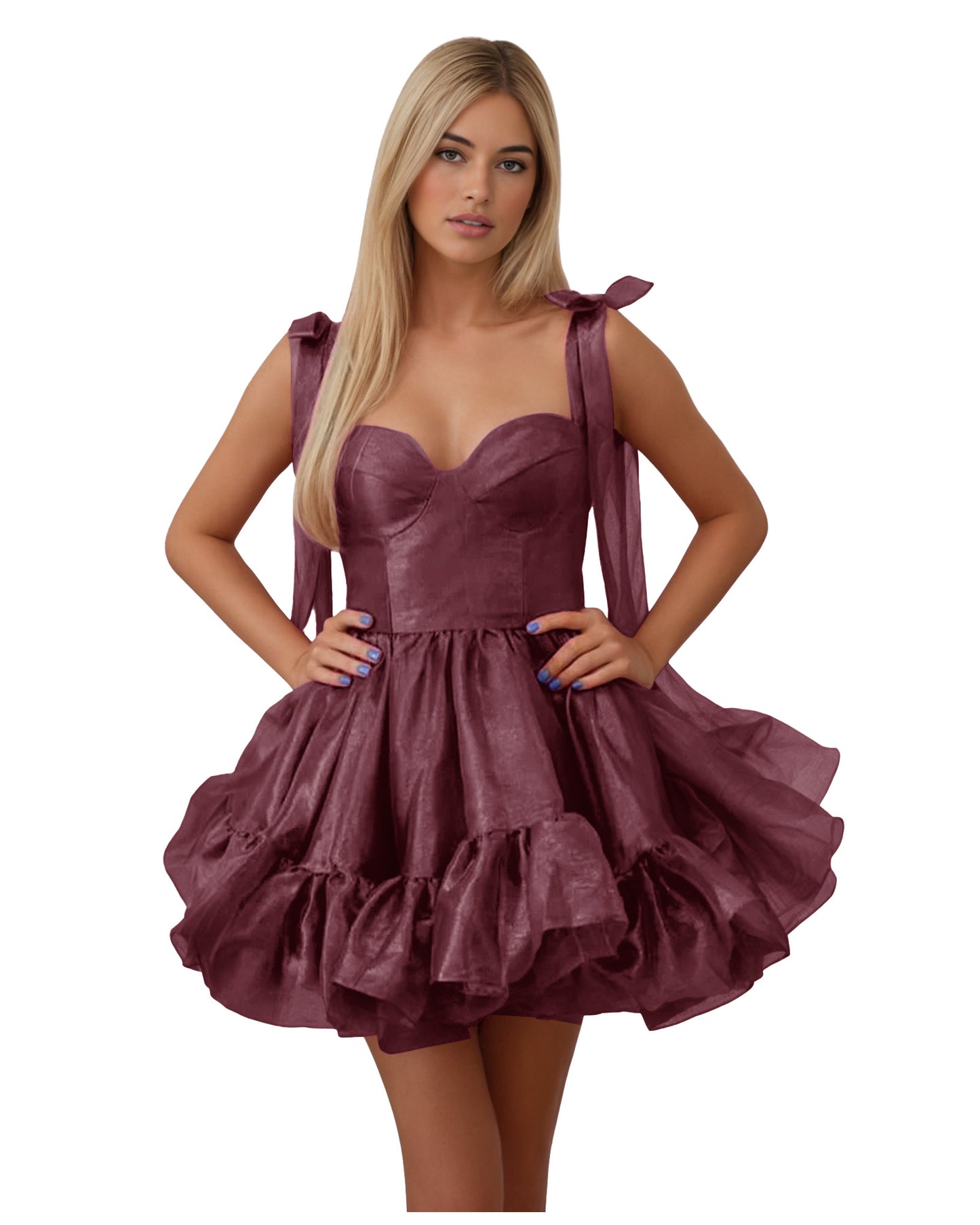 Bow Shoulder Satin Corset Ruffle Homecoming Dress