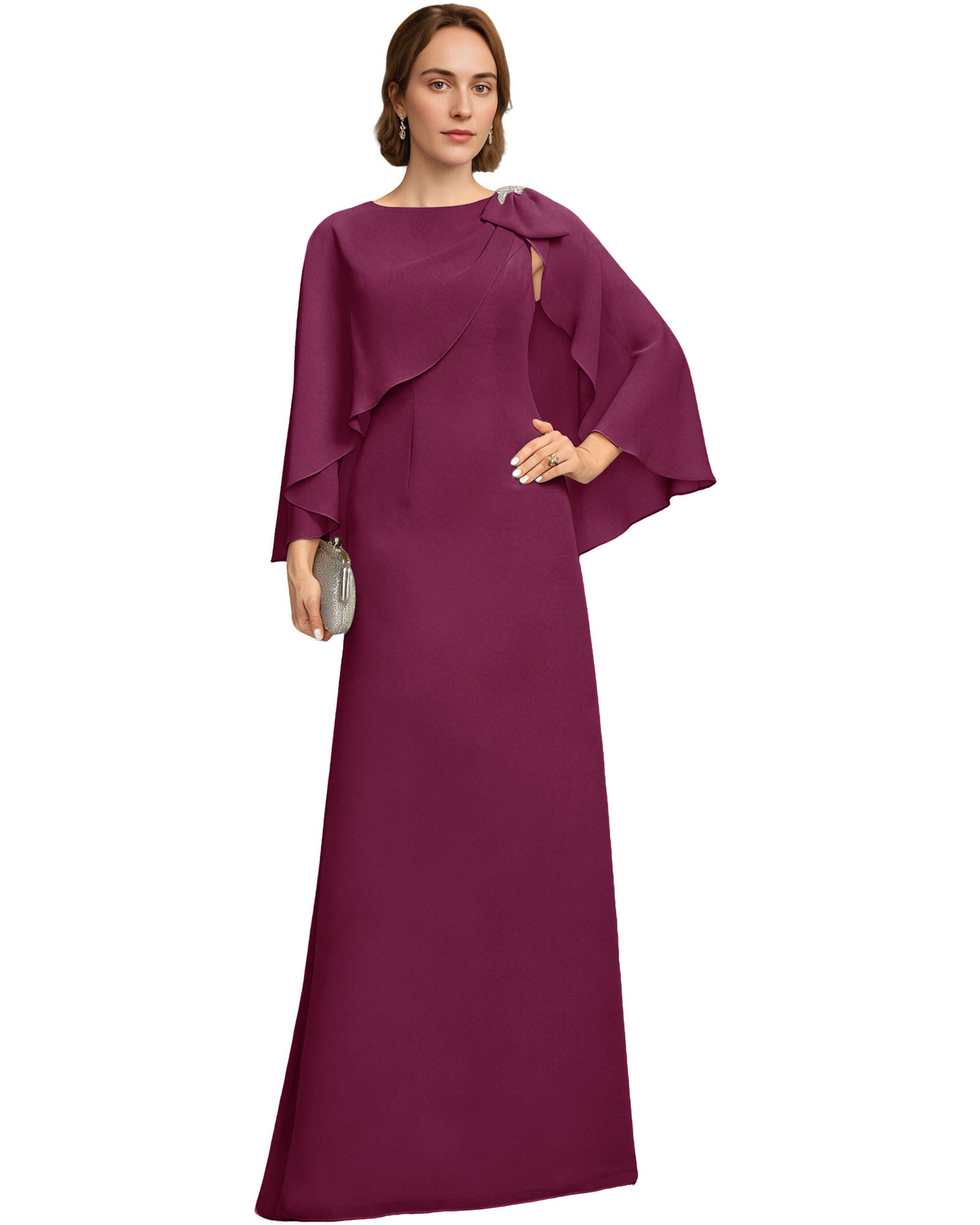 Long Cape Sleeve Mother of the Bride Dress Jewel Neck Chiffon Column Gown with Bow Detail