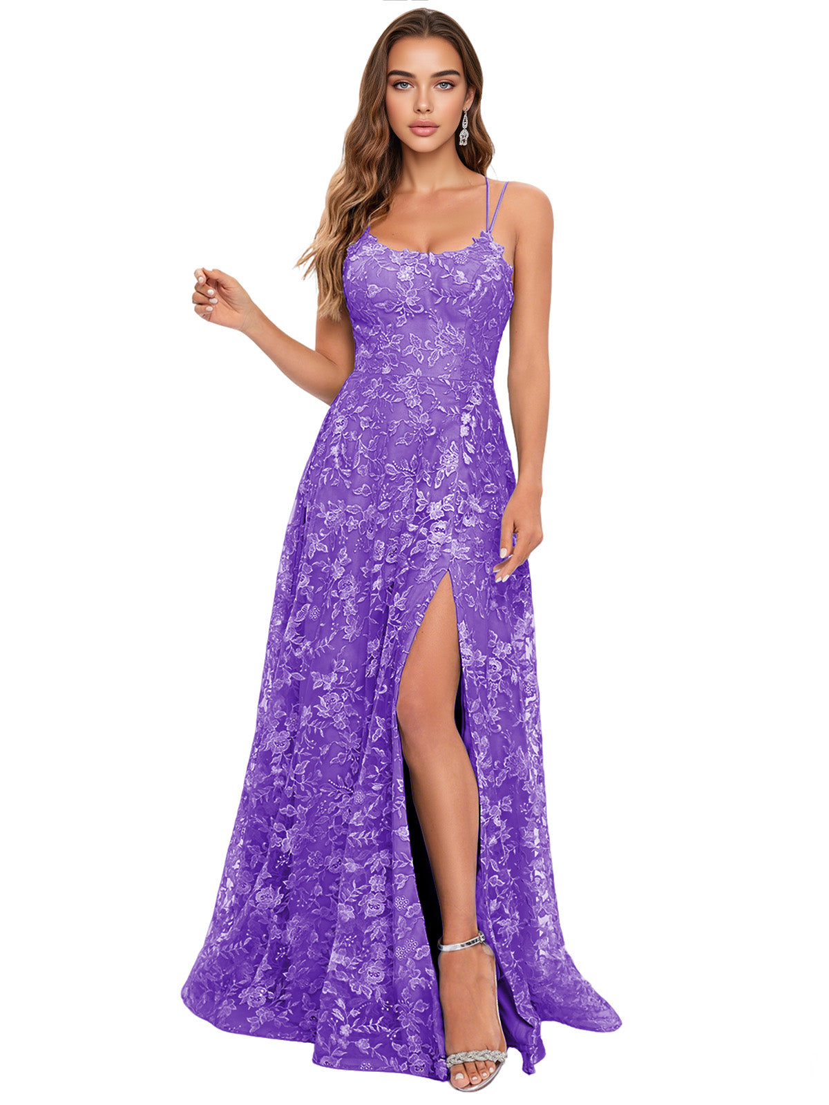 Scoop Neck Lace A-Line Prom Dress with Spaghetti Straps and Side Slit