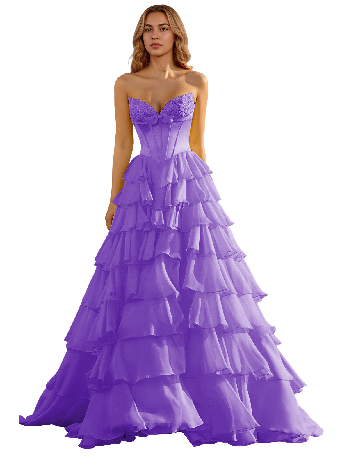 Strapless Tiered Organza Ball Gown Prom Dress with Corset Top