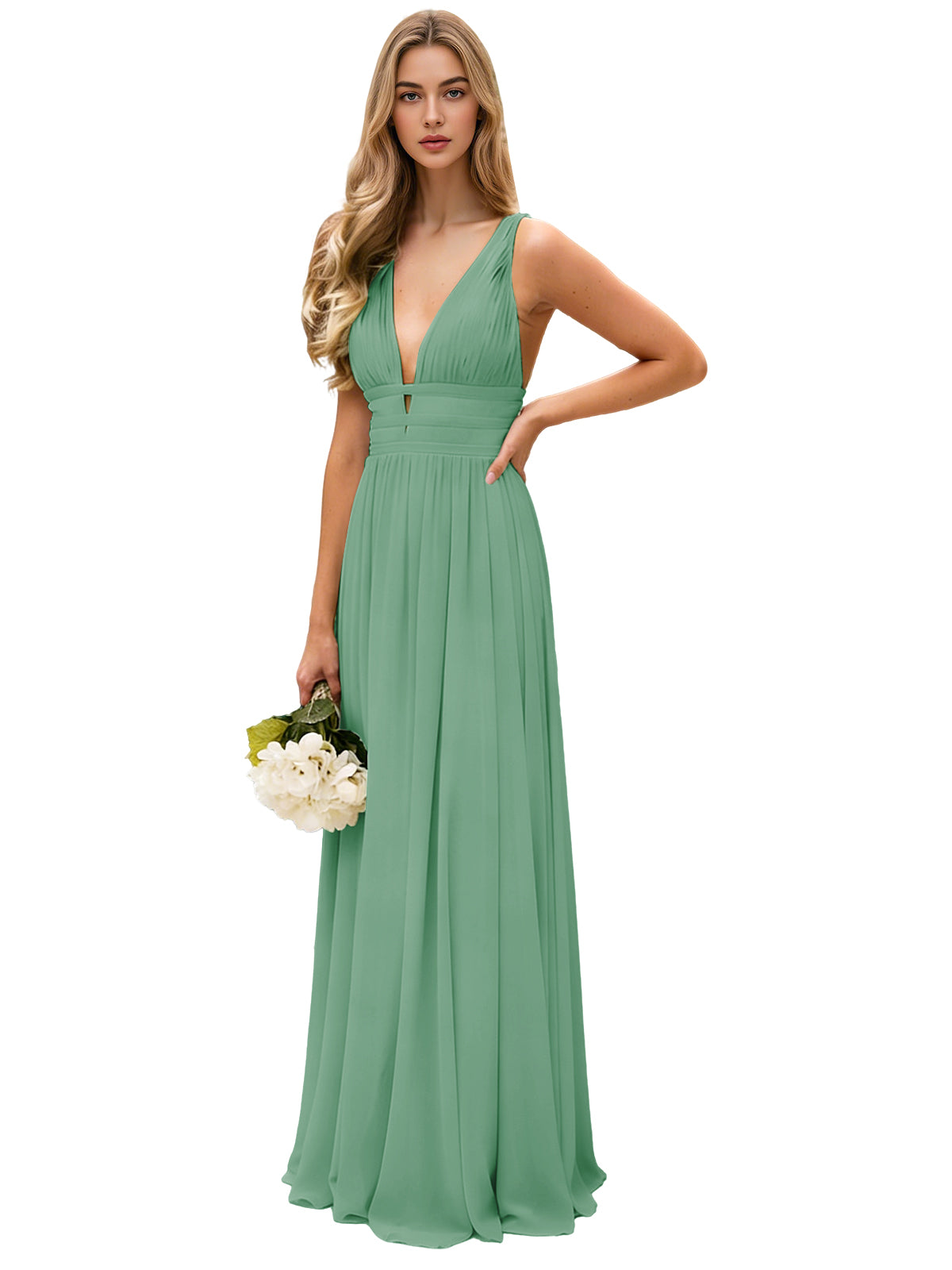 Spaghetti Strap V-Neck Chiffon Bridesmaid Dress with Open Back