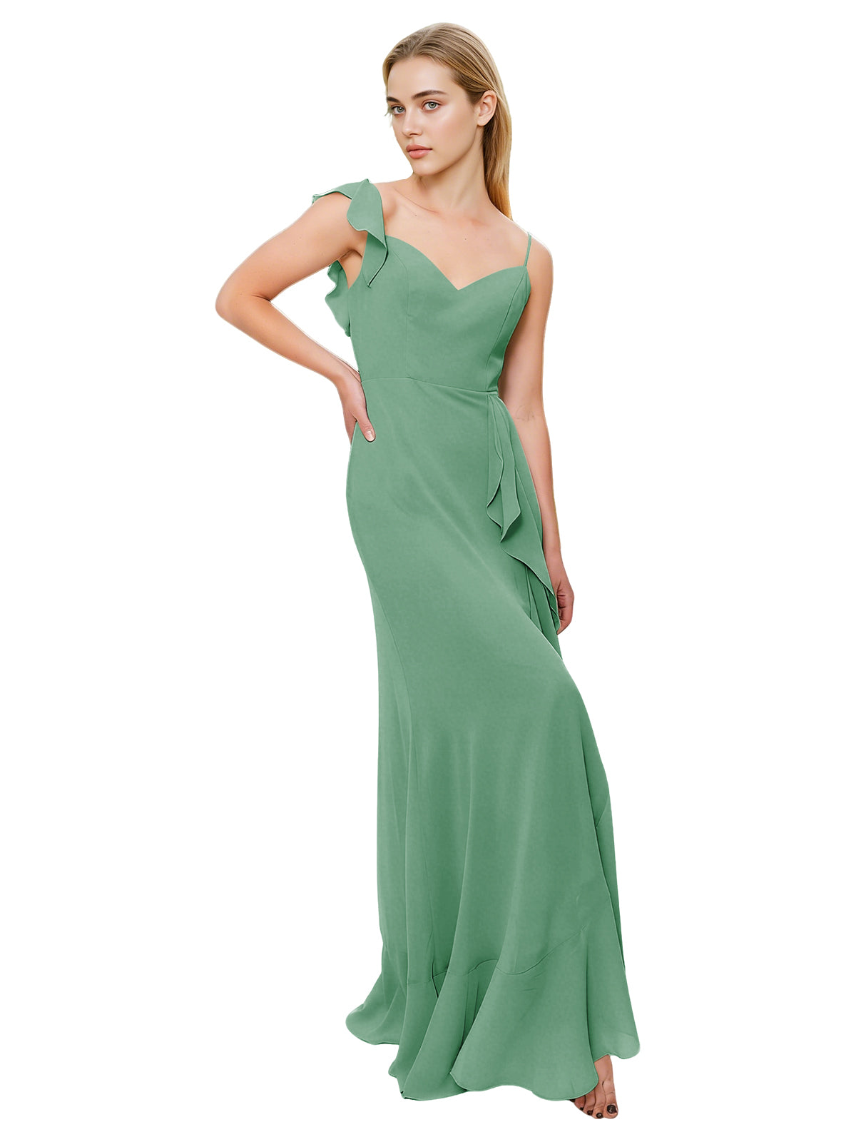 V-Neck Ruffle Strap Bridesmaid Dress with Cascading Chiffon Dress