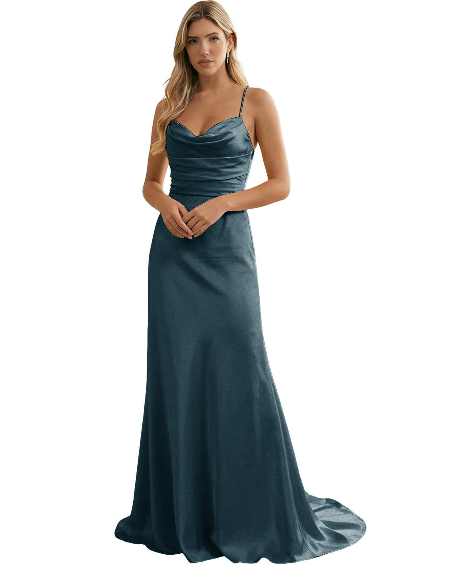 Spaghetti Straps Ruched Satin Floor Length Bridesmaid Dress