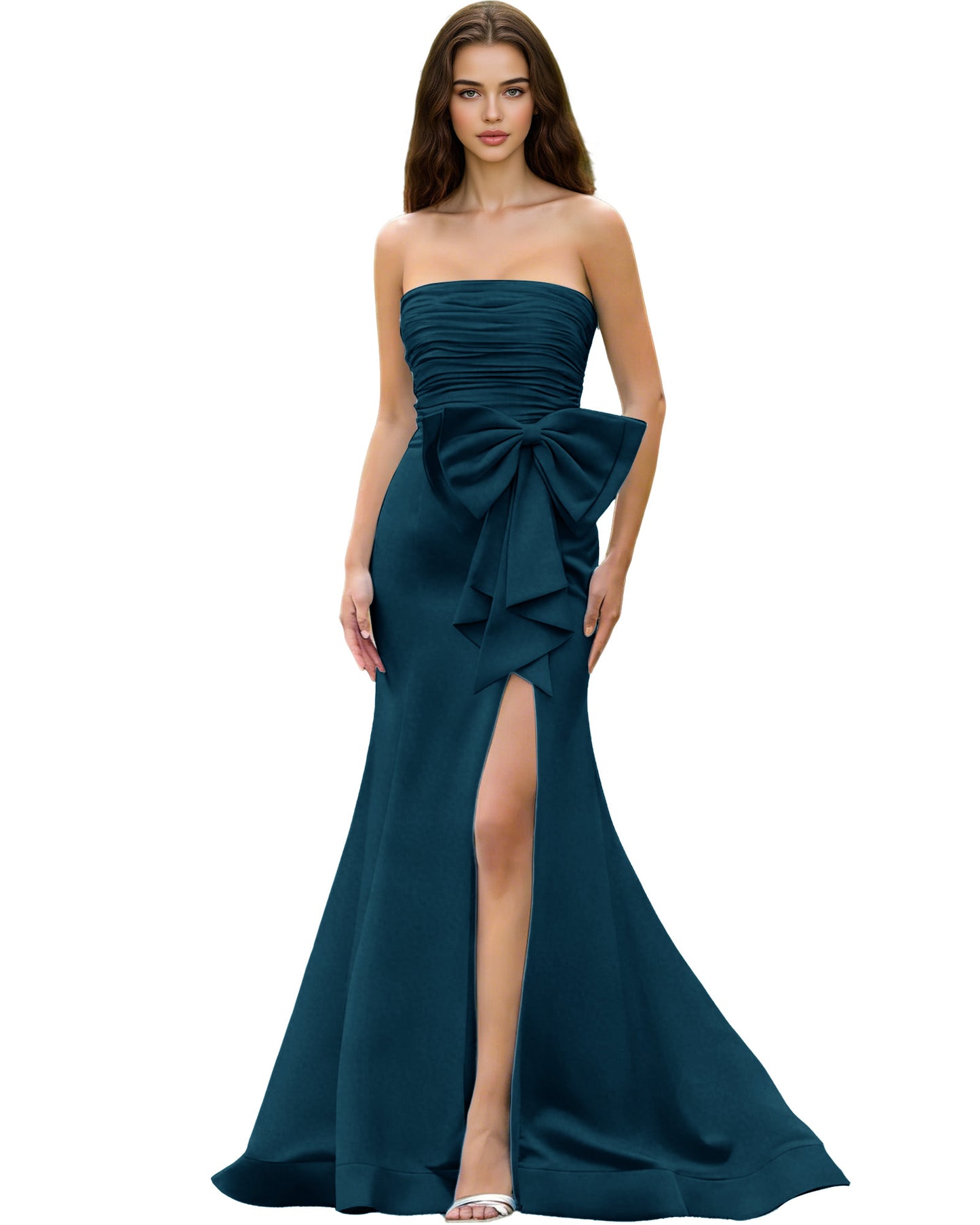 Strapless Bow Detail Satin Prom Dress with Ruched Bodice and Slit