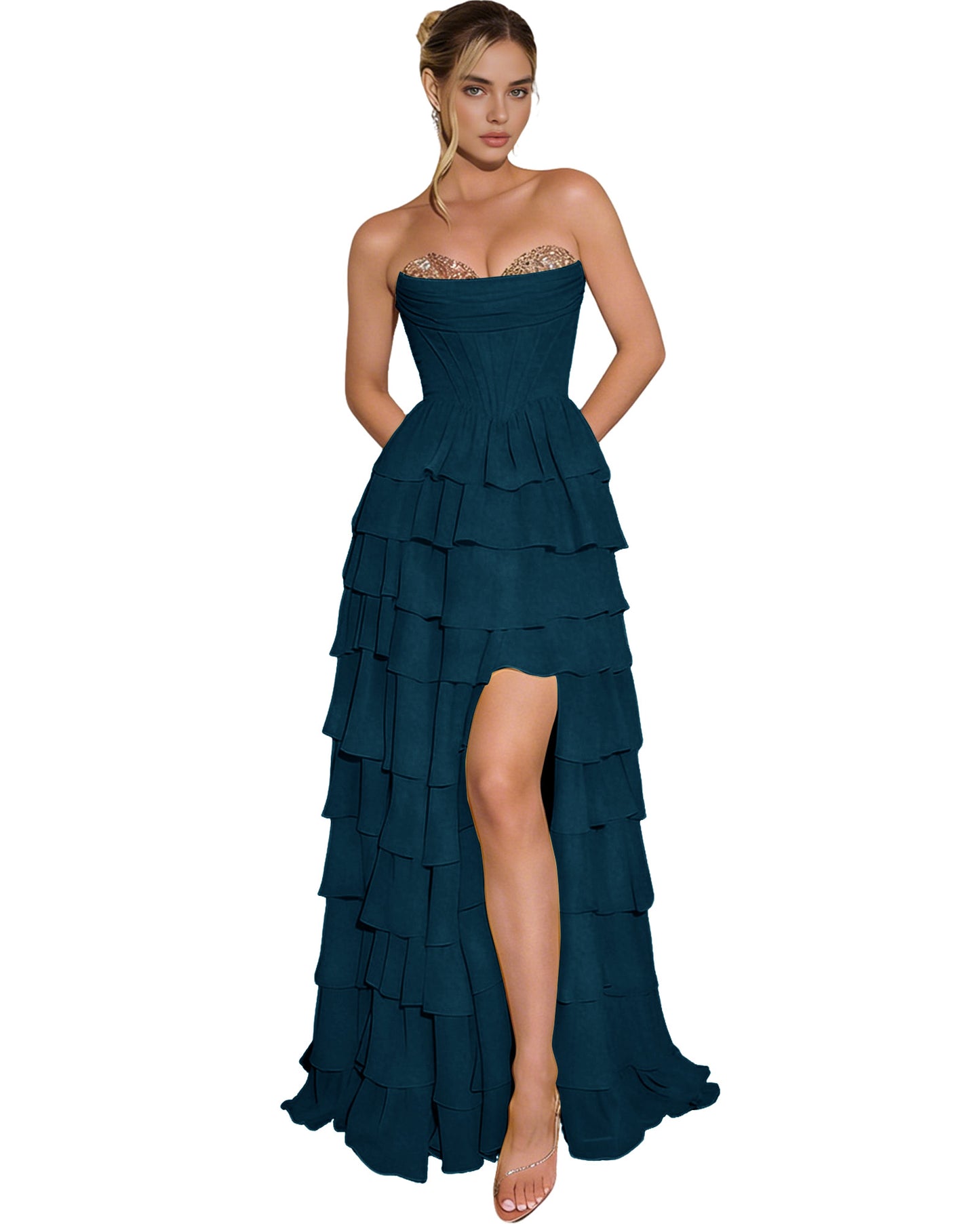 Strapless Layered Tulle Prom Dress with Corset Bodice and High Low Hem