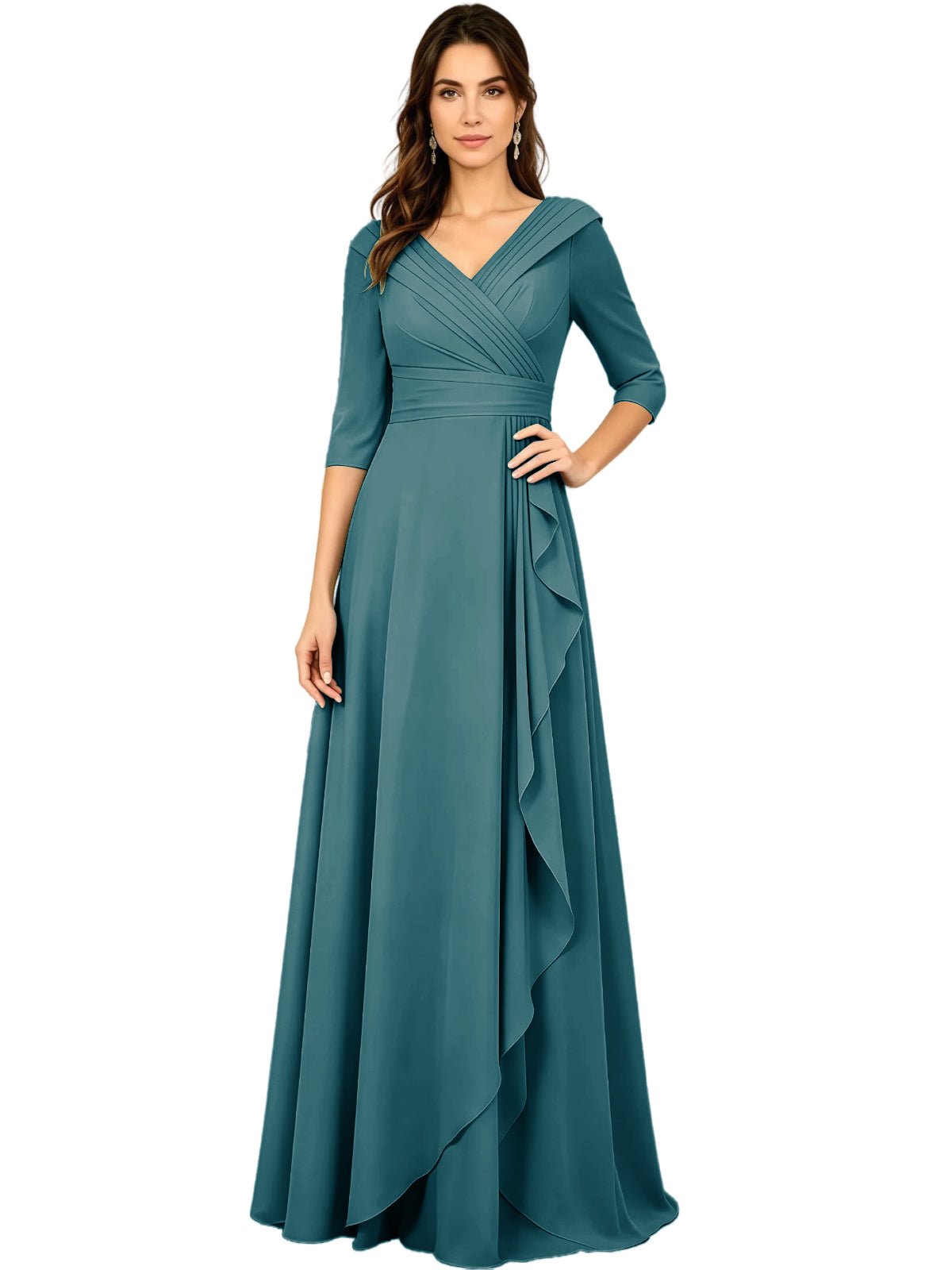 Long V-Neck Mother of the Bride Dress Chiffon Half Sleeve A-Line Gown with Side Ruffle