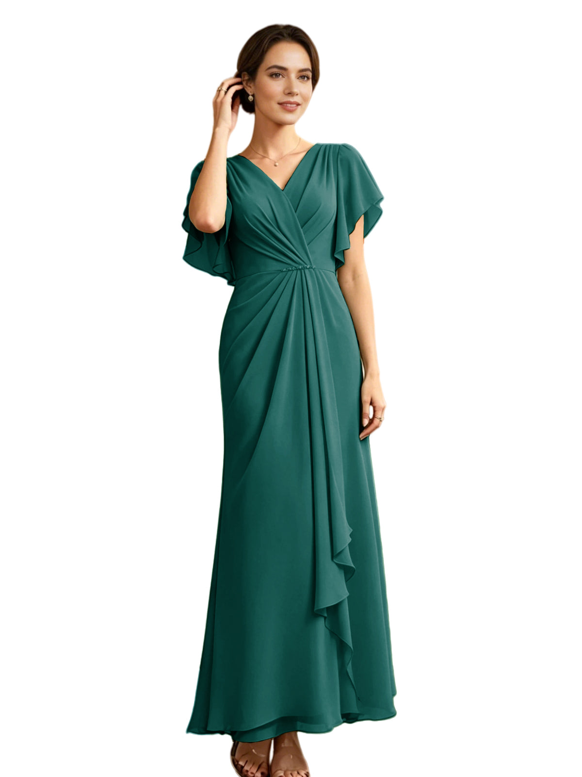 Long Chiffon Mother of the Bride Dress V-Neck Flutter Sleeve A-Line Gown with Beaded Waist