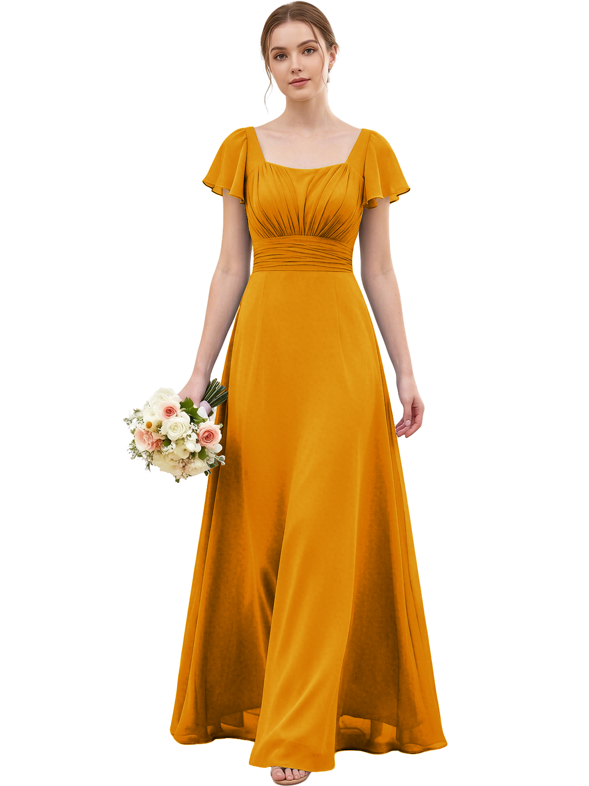 Square Neck Chiffon Bridesmaid Dress with Flutter Sleeves and Lace-Up Back