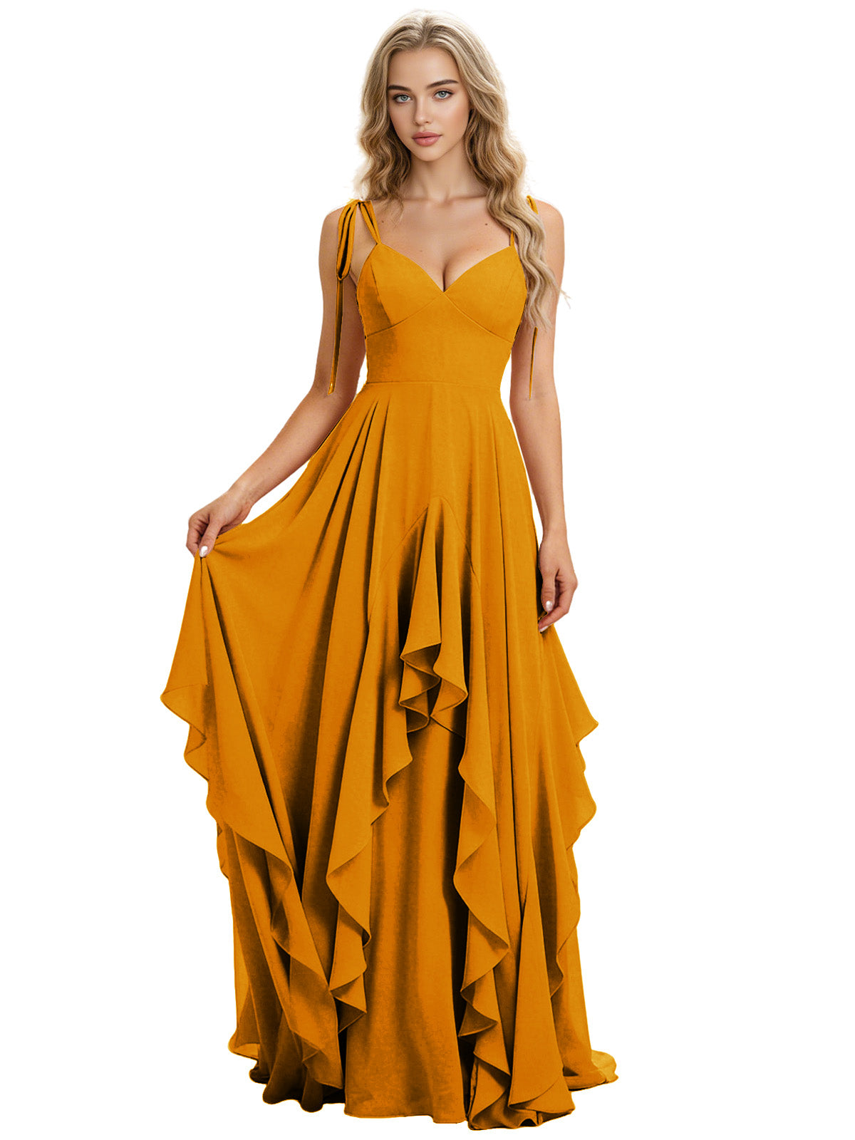Spaghetti Strap Chiffon Bridesmaid Dress with Cascading Ruffle dress