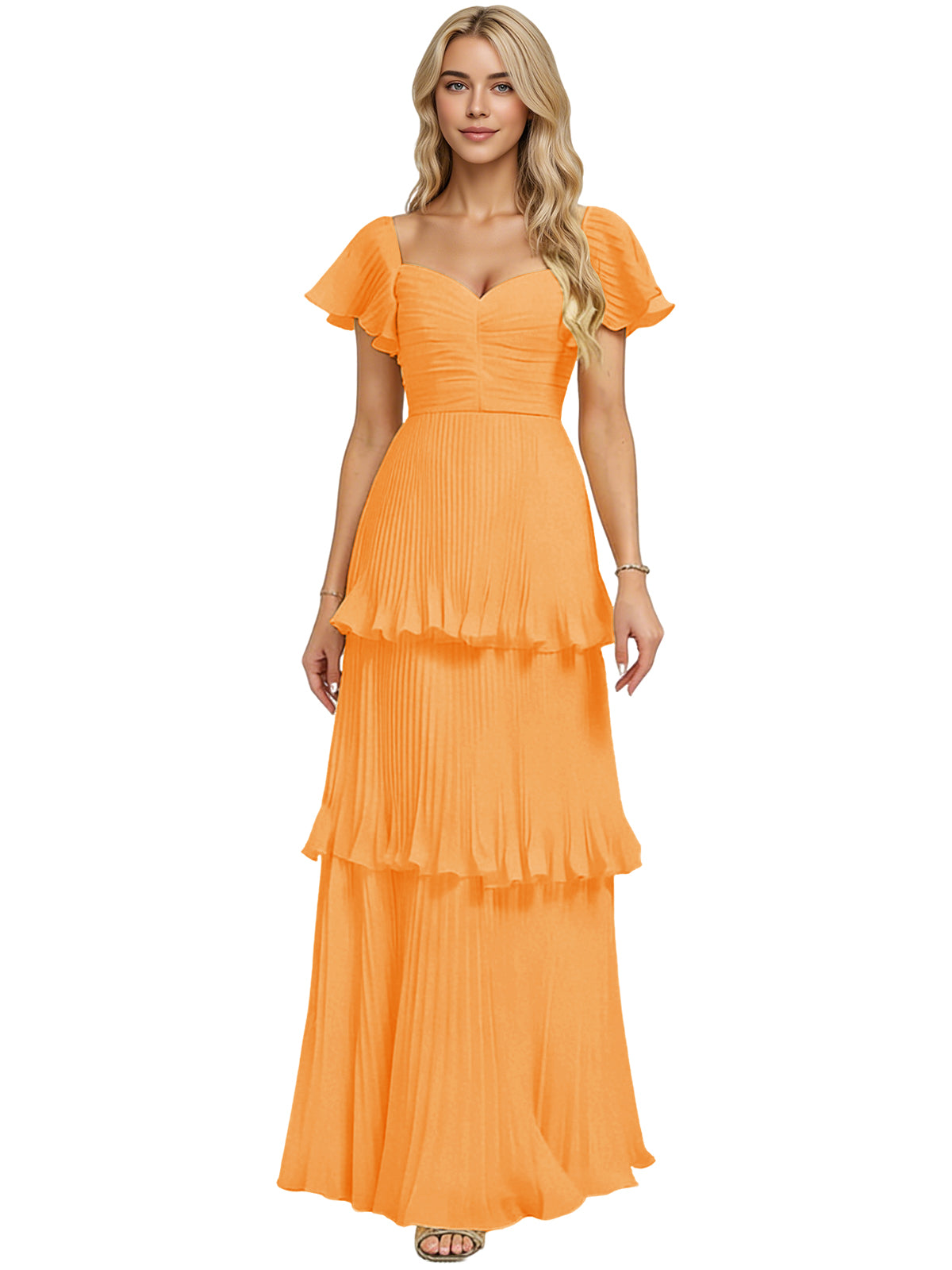 Tiered Ruffle Chiffon Bridesmaid Dress with Sweetheart Neckline