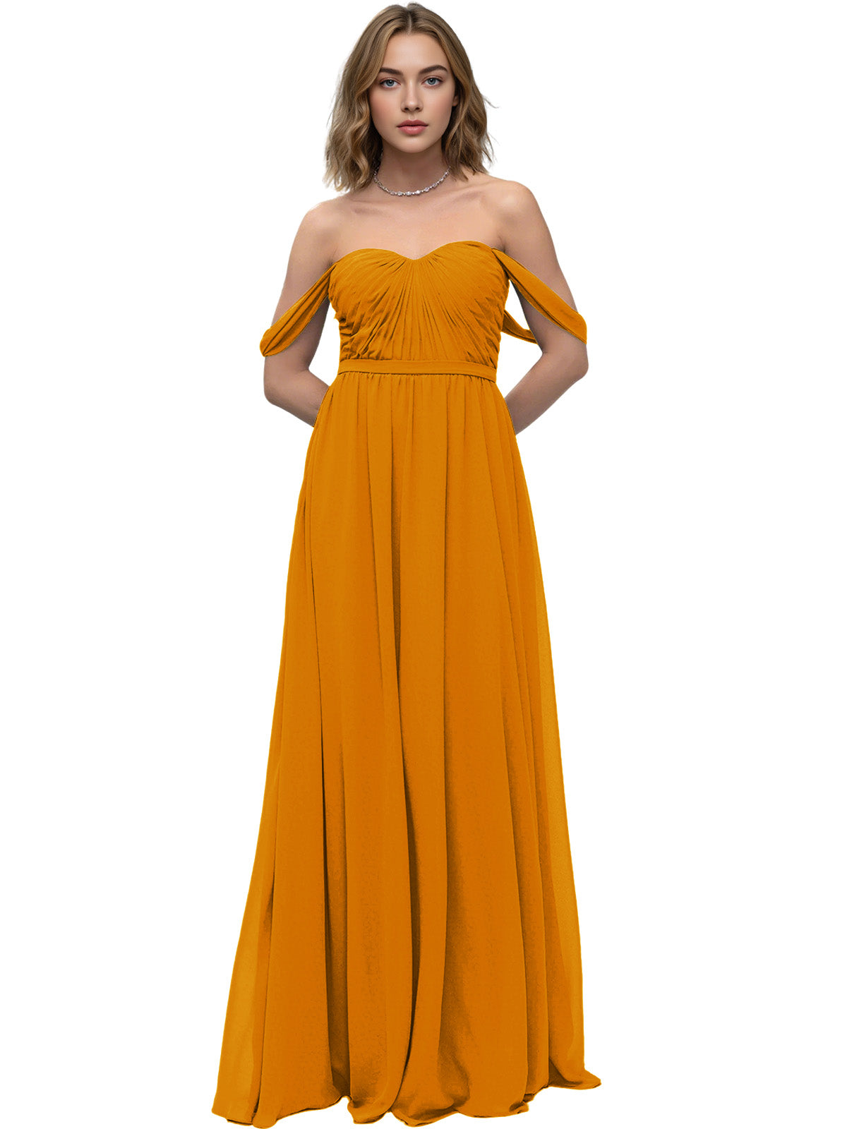 Off Shoulder Sweetheart Chiffon Bridesmaid Dress with Ruched Bodice