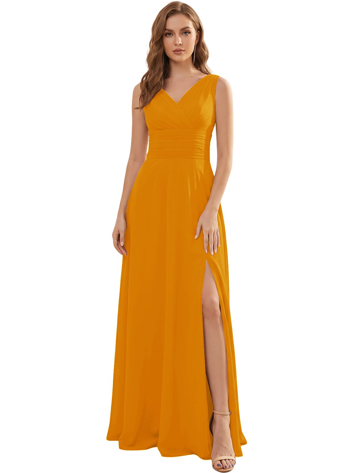 V-Neck Chiffon Bridesmaid Dress with Ruched Waist and Slit