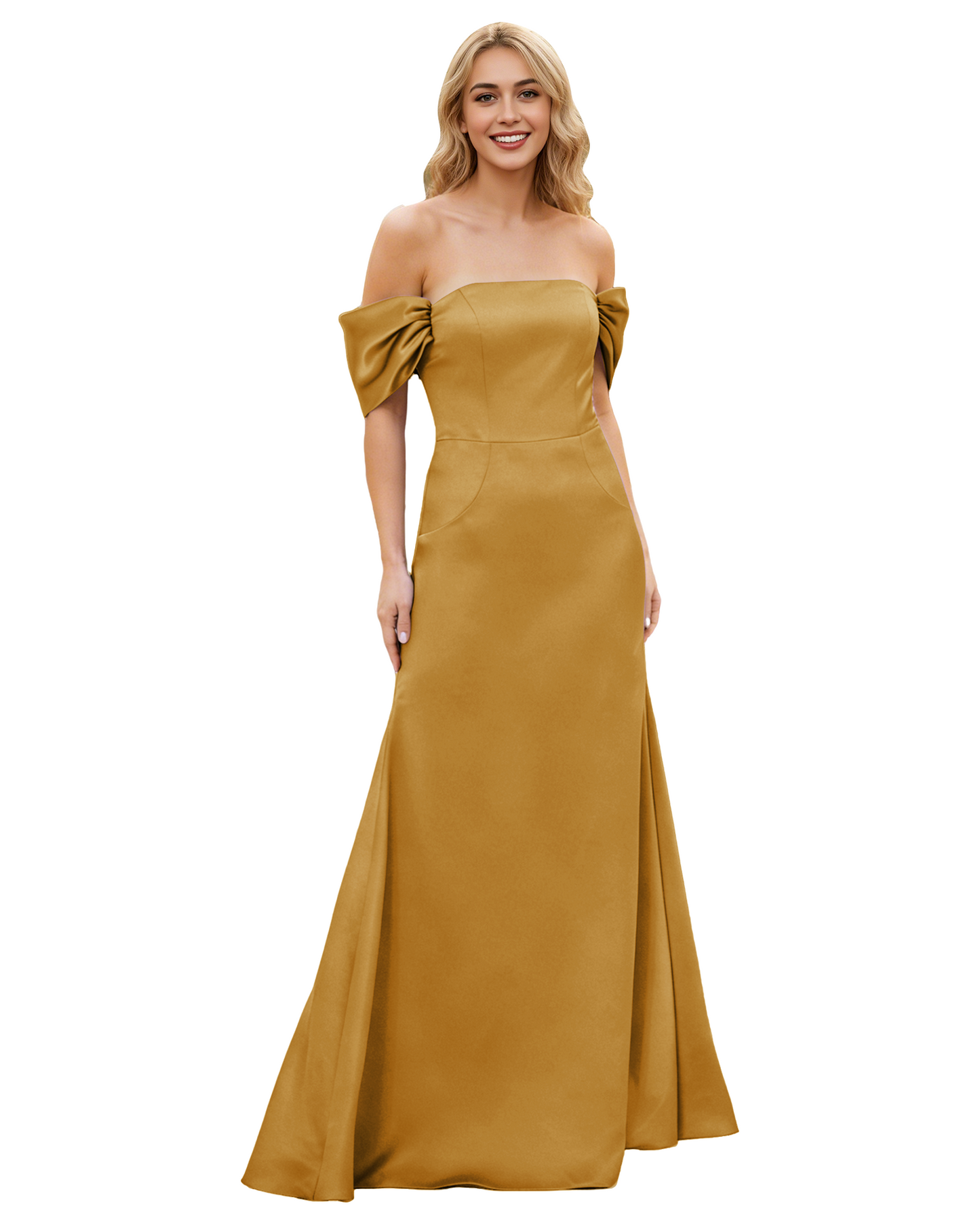 Off Shoulder Satin Bridesmaid Dress with Foldover Neckline and Trumpet Dress