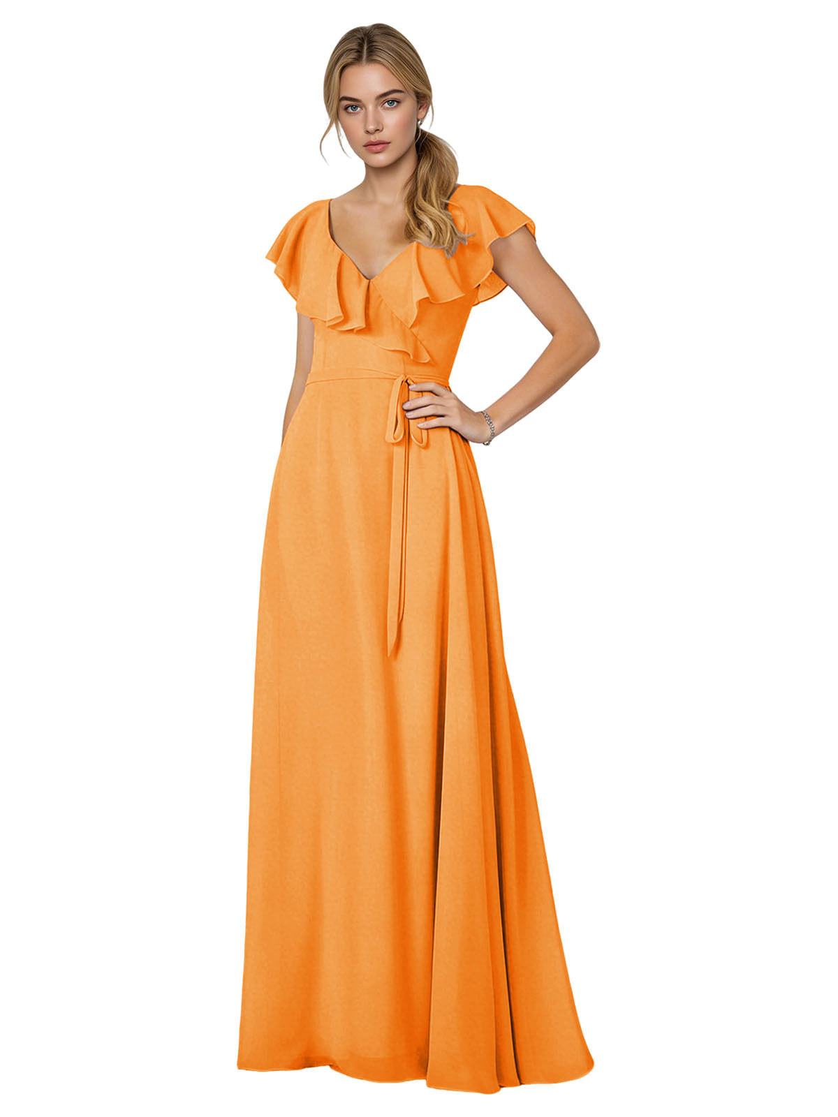 Tie Neck Chiffon Bridesmaid Dress with Flutter Sleeves