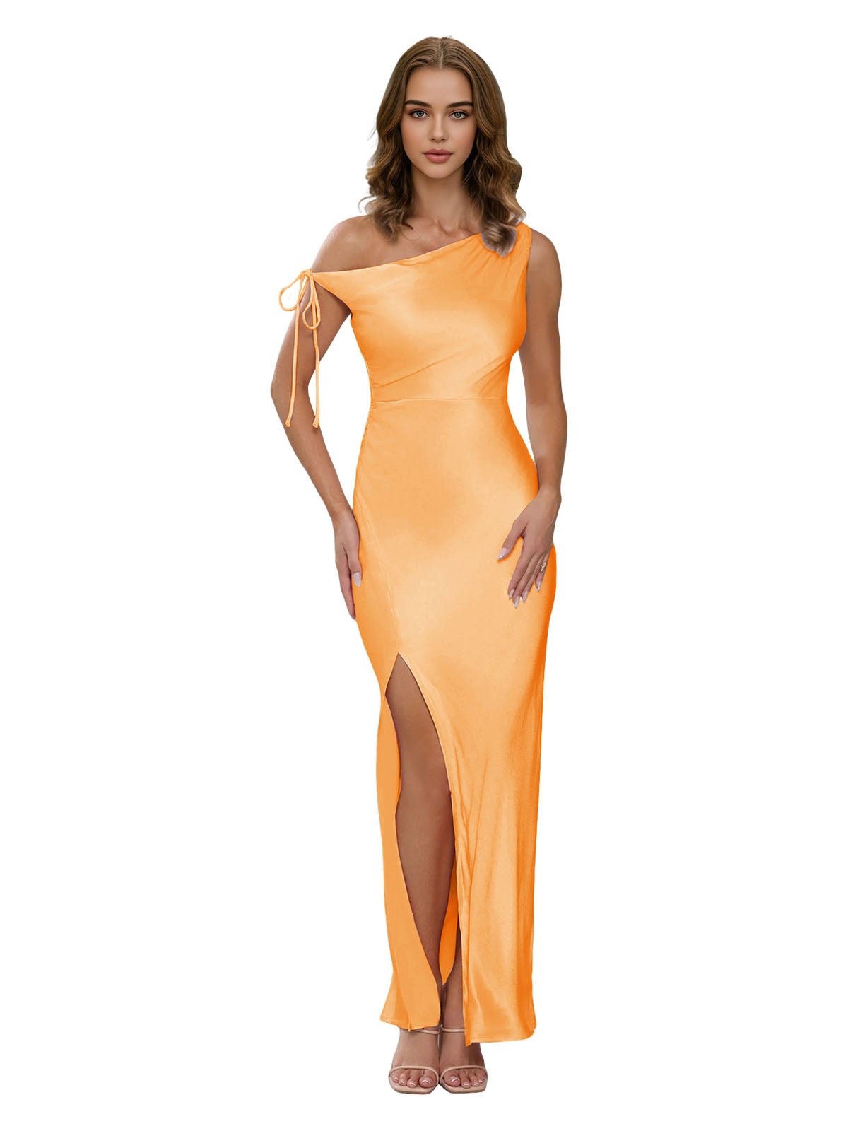 One Shoulder Satin Bridesmaid Dress with Tie Sleeve and Front Slit