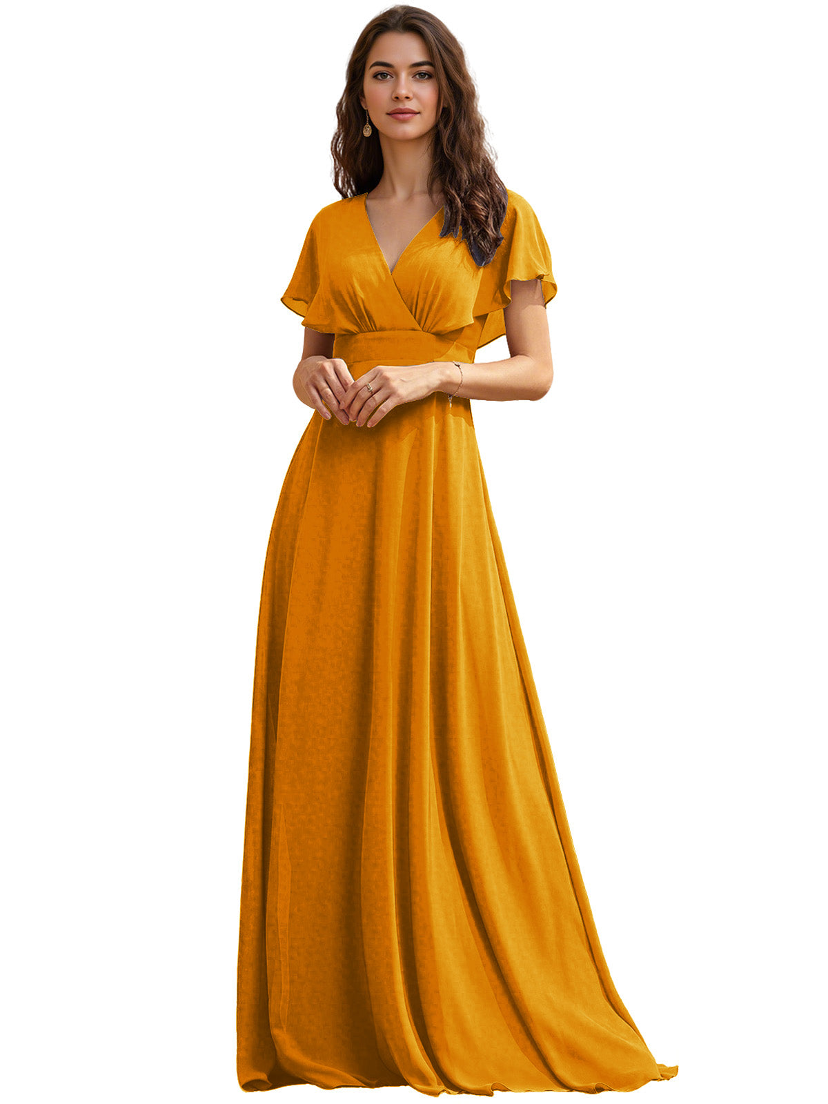 Flutter Sleeve V-Neck Chiffon Bridesmaid Dress with Flowing dress