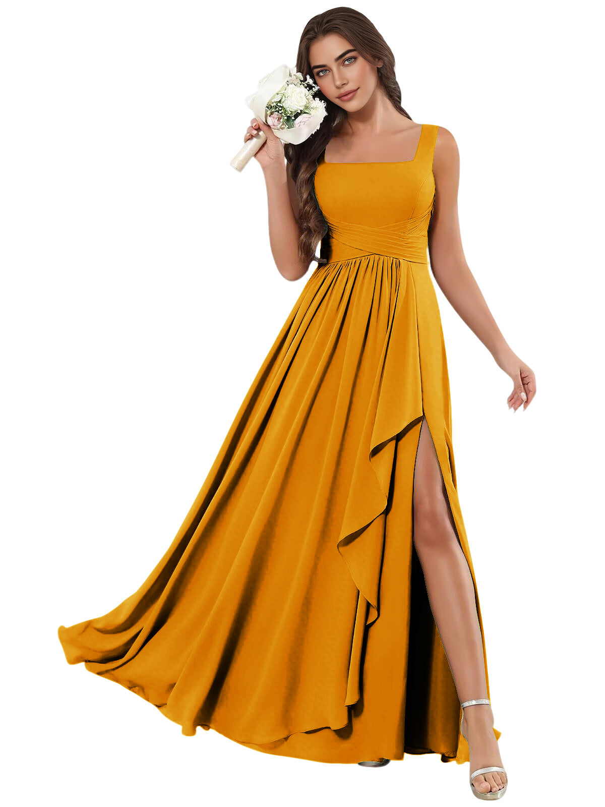 Square Neck Chiffon Bridesmaid Dress with Corset Back and Slit